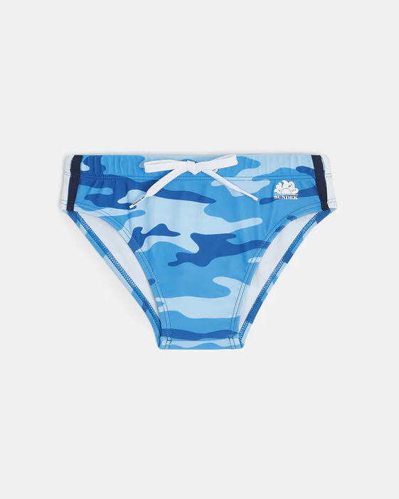 Costume slip azzurro camouflage in tessuto tecnico stretch 2-10 anni