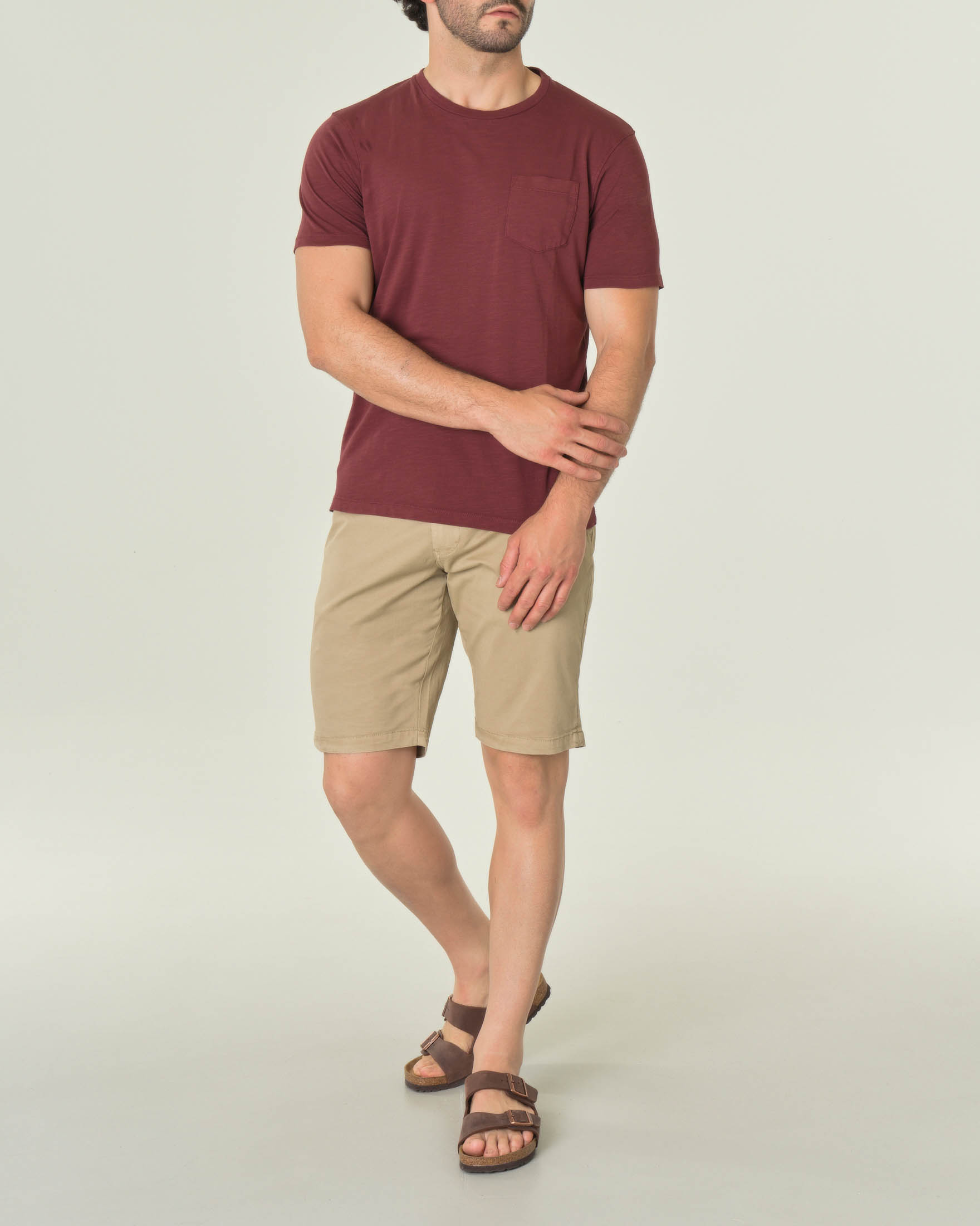 T-shirt bordeaux mezza manica in cotone fiammato con taschino applicato sul petto