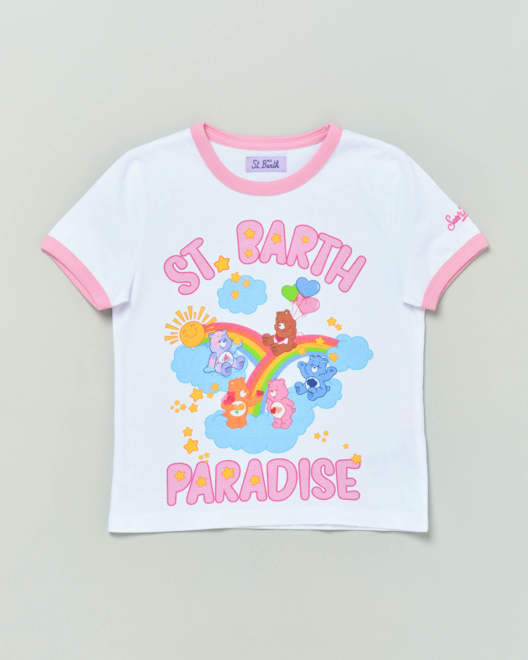 T-shirt bianca a mezza manica in cotone con stampa orsetti 'St. Barth Paradise'