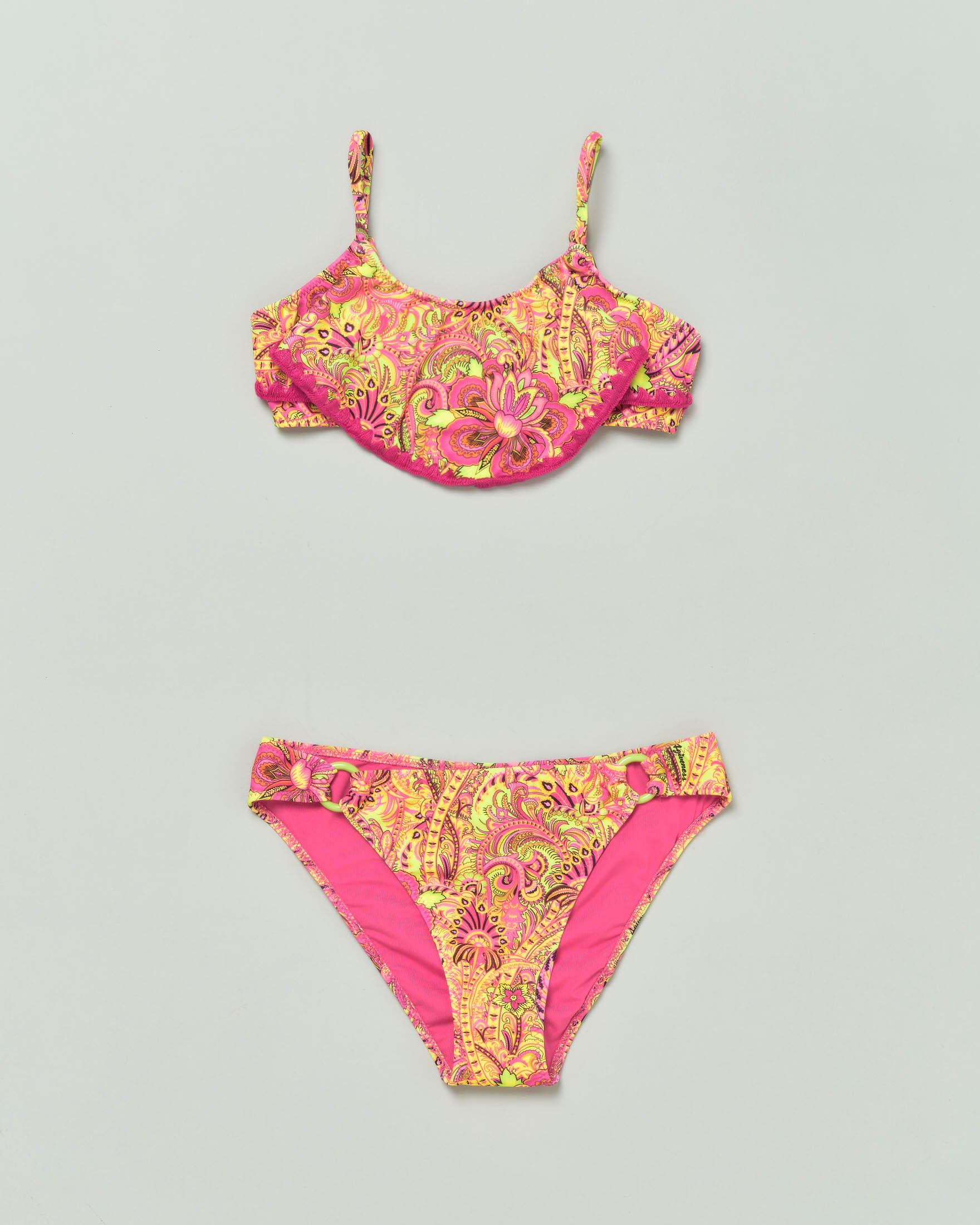 Bikini fucsia e giallo a fascia in tessuto stretch con fantasia bandana