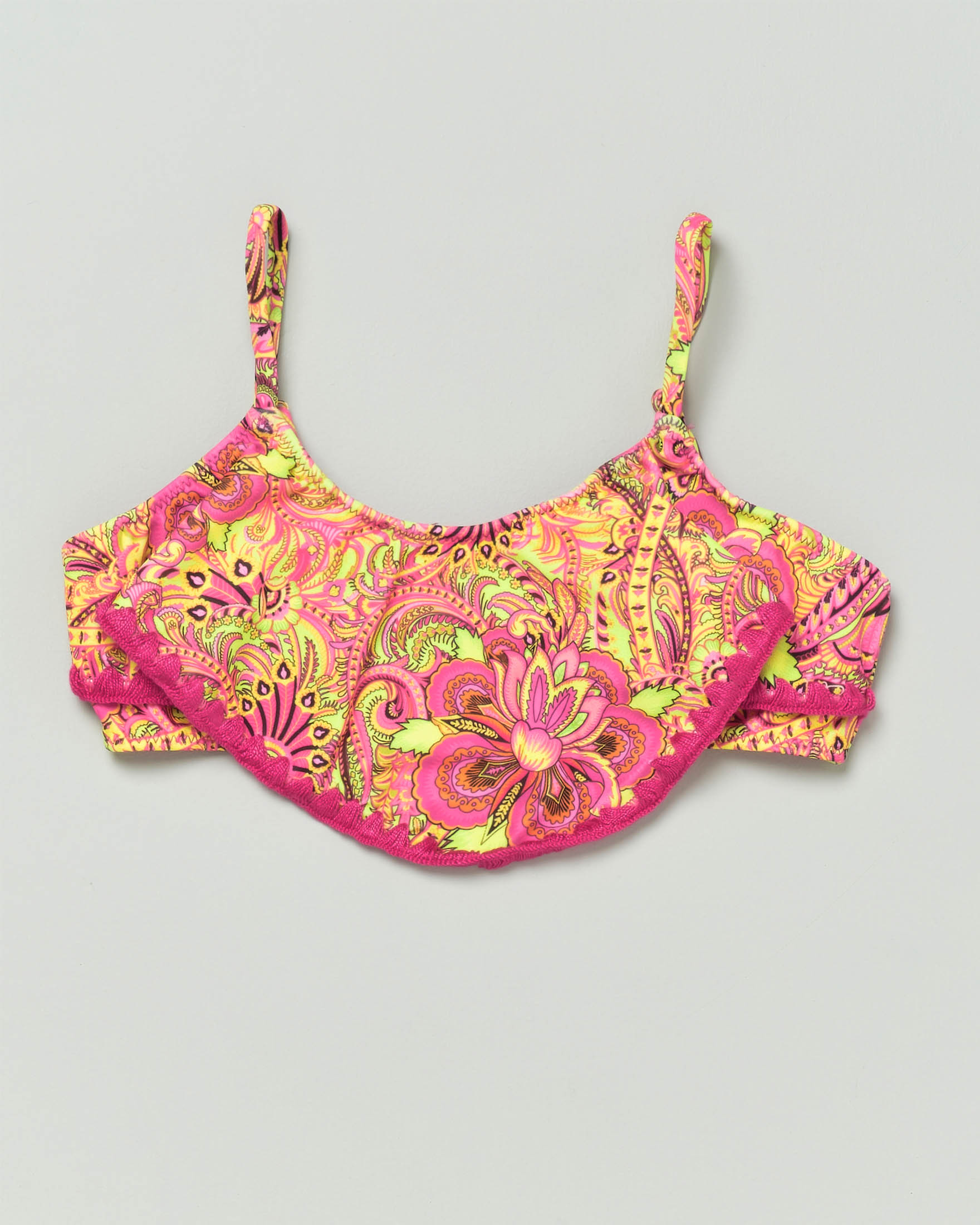 Bikini fucsia e giallo a fascia in tessuto stretch con fantasia bandana  image