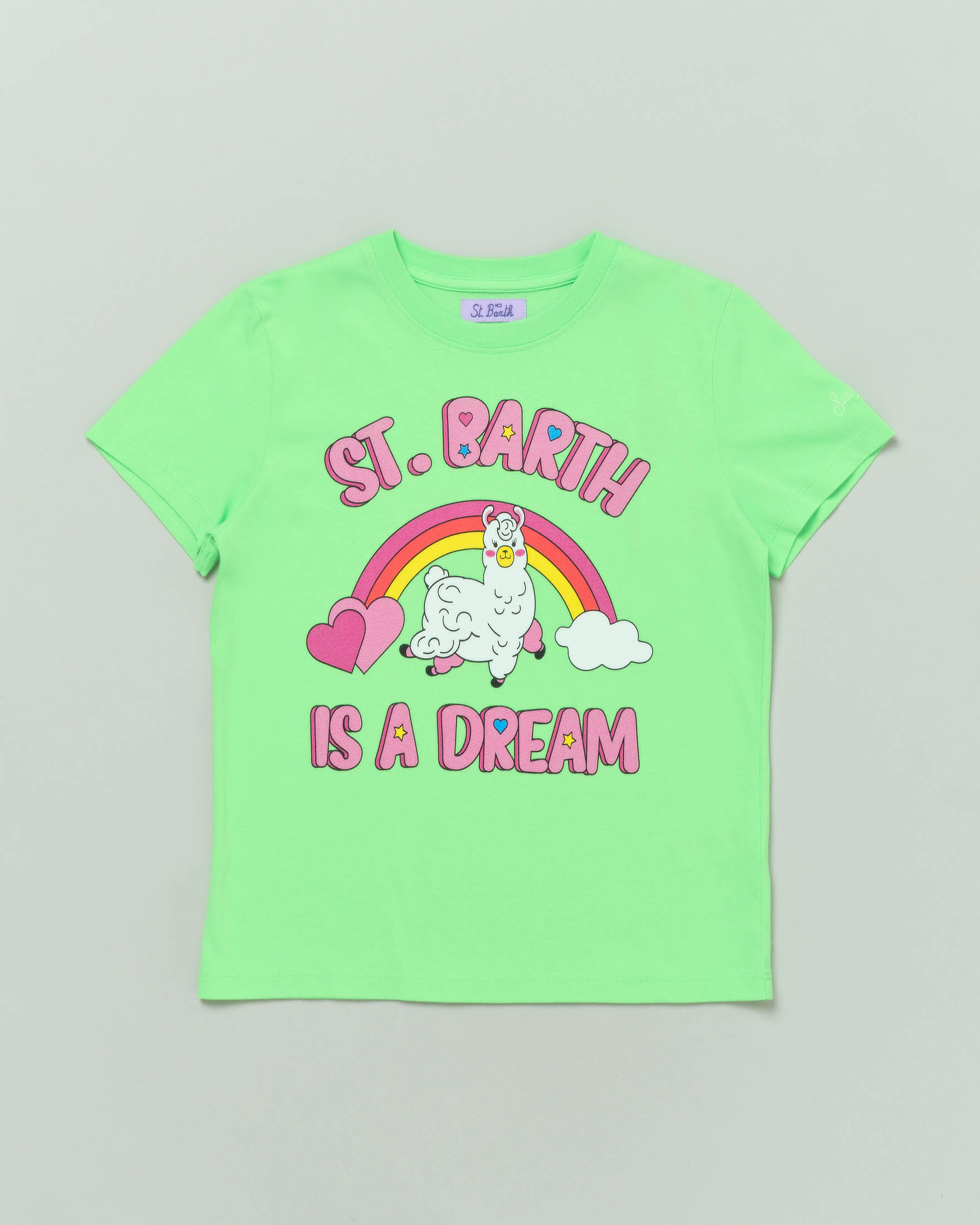 T-shirt verde fluo in cotone a mezza manica con stampa lama e scritta rosa