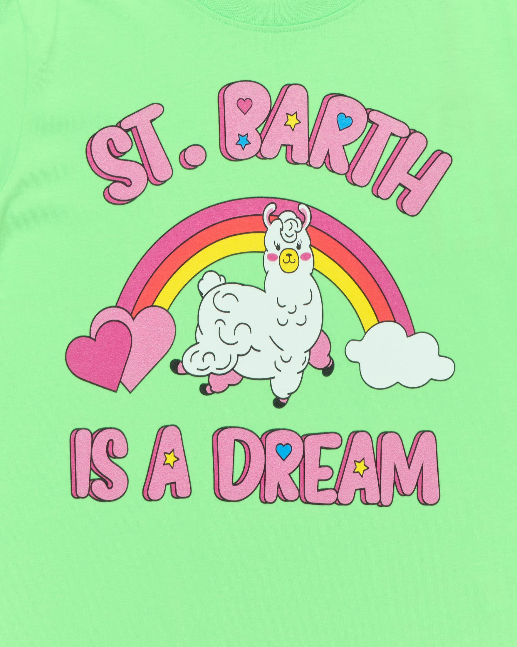 T-shirt verde fluo in cotone a mezza manica con stampa lama e scritta rosa  image