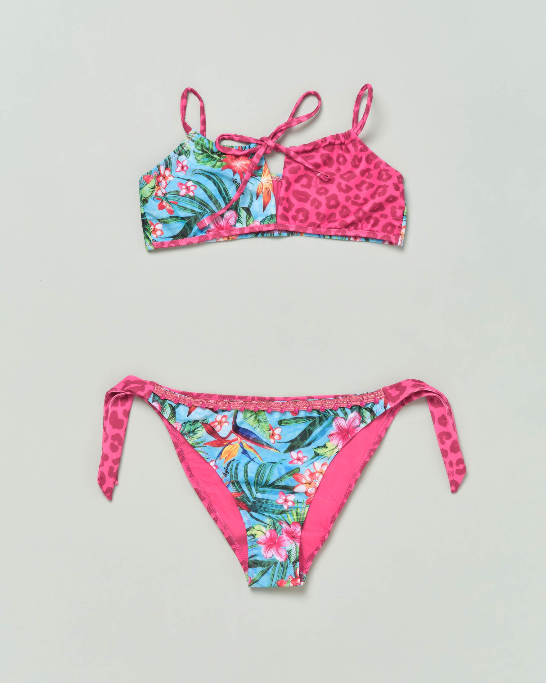 Bikini con top in fantasia animalier fucsia e fantasia jungle in tessuto stretch 
