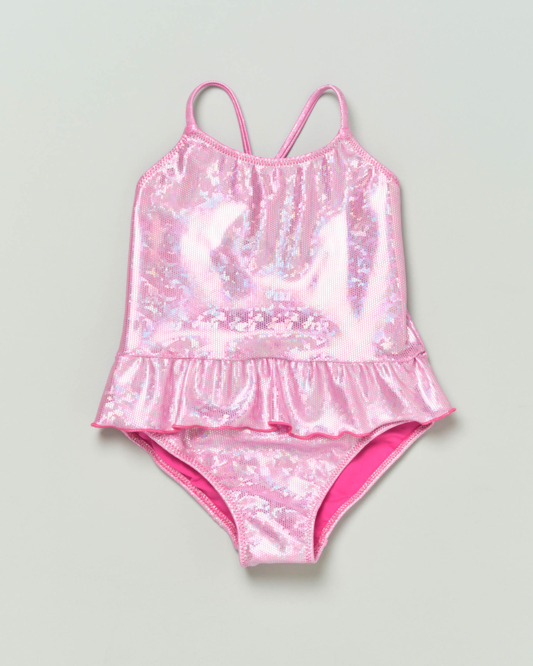 Costume intero rosa in tessuto stretch laminato con volant