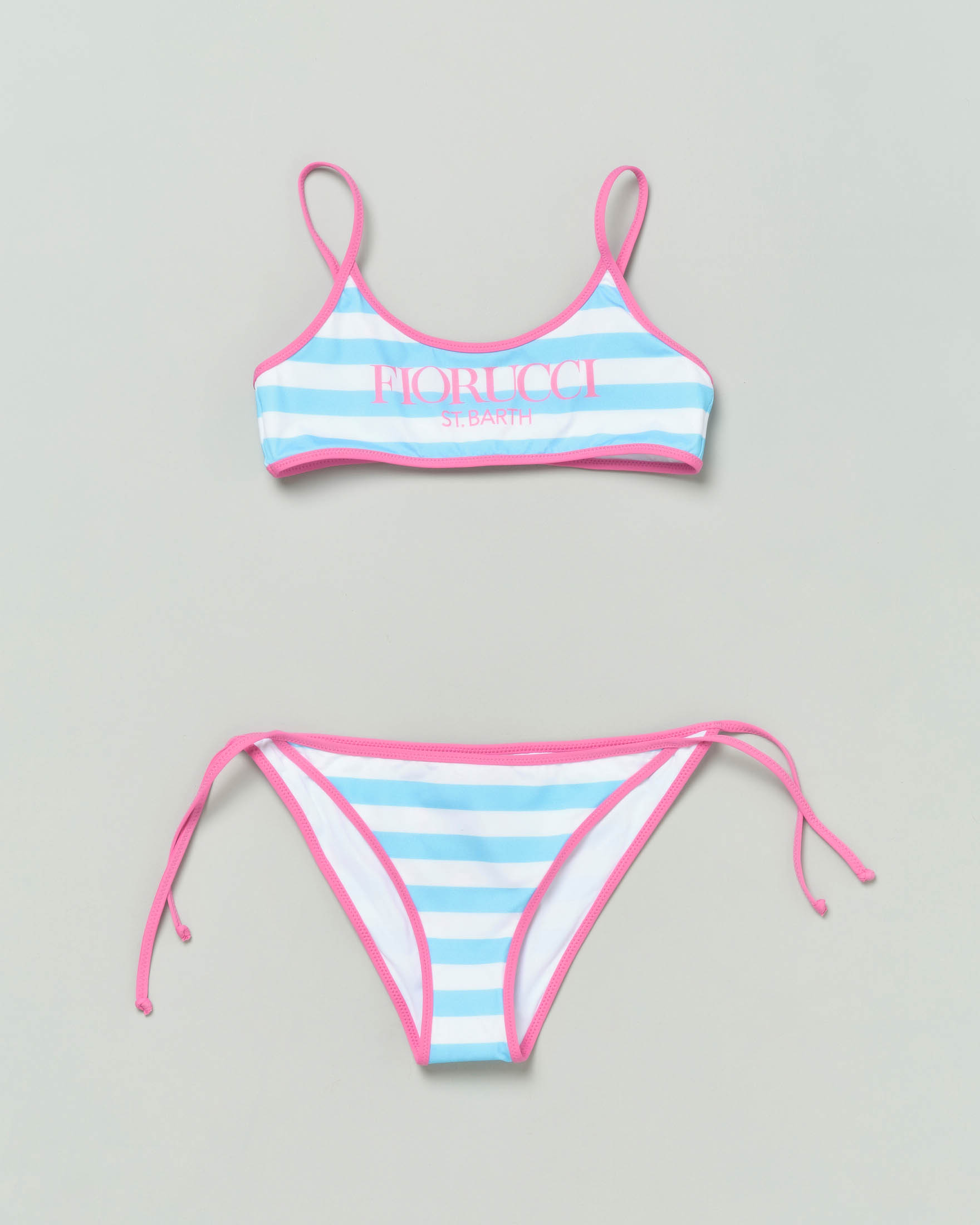 Bikini mare a righe azzurre e bianche con profili fucsia e scritta Fiorucci 