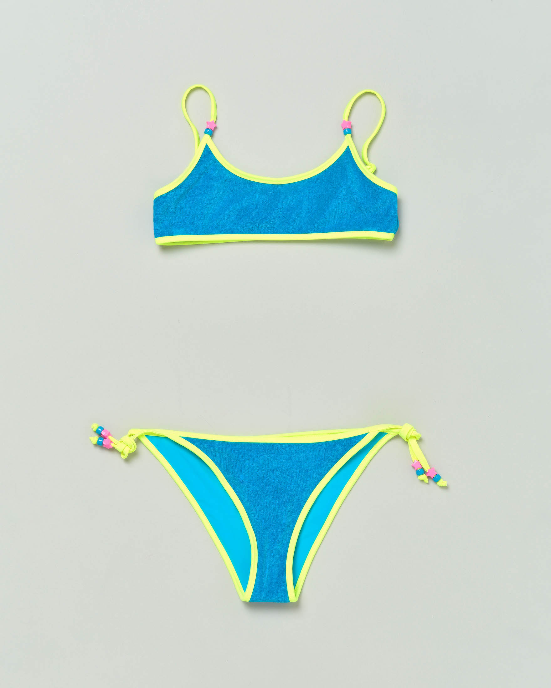 Bikini mare Terry in spugna azzurra con profili gialli 