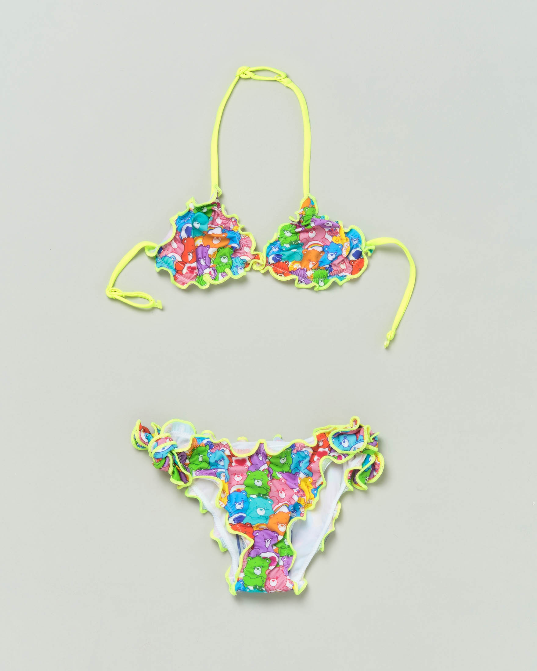 Bikini mare a triangolo con stampa orsetti multicolor e laccio giallo fluo