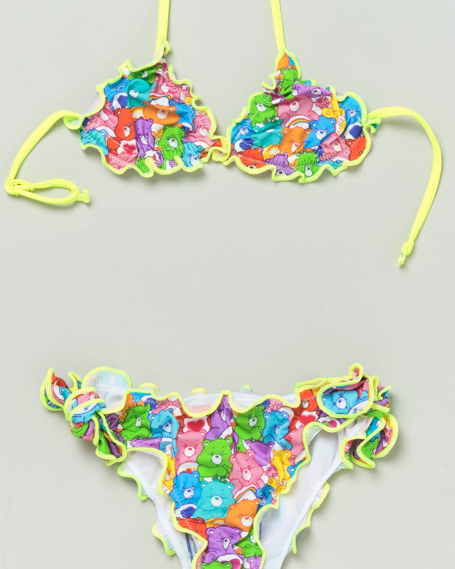 Bikini mare a triangolo con stampa orsetti multicolor e laccio giallo fluo  image