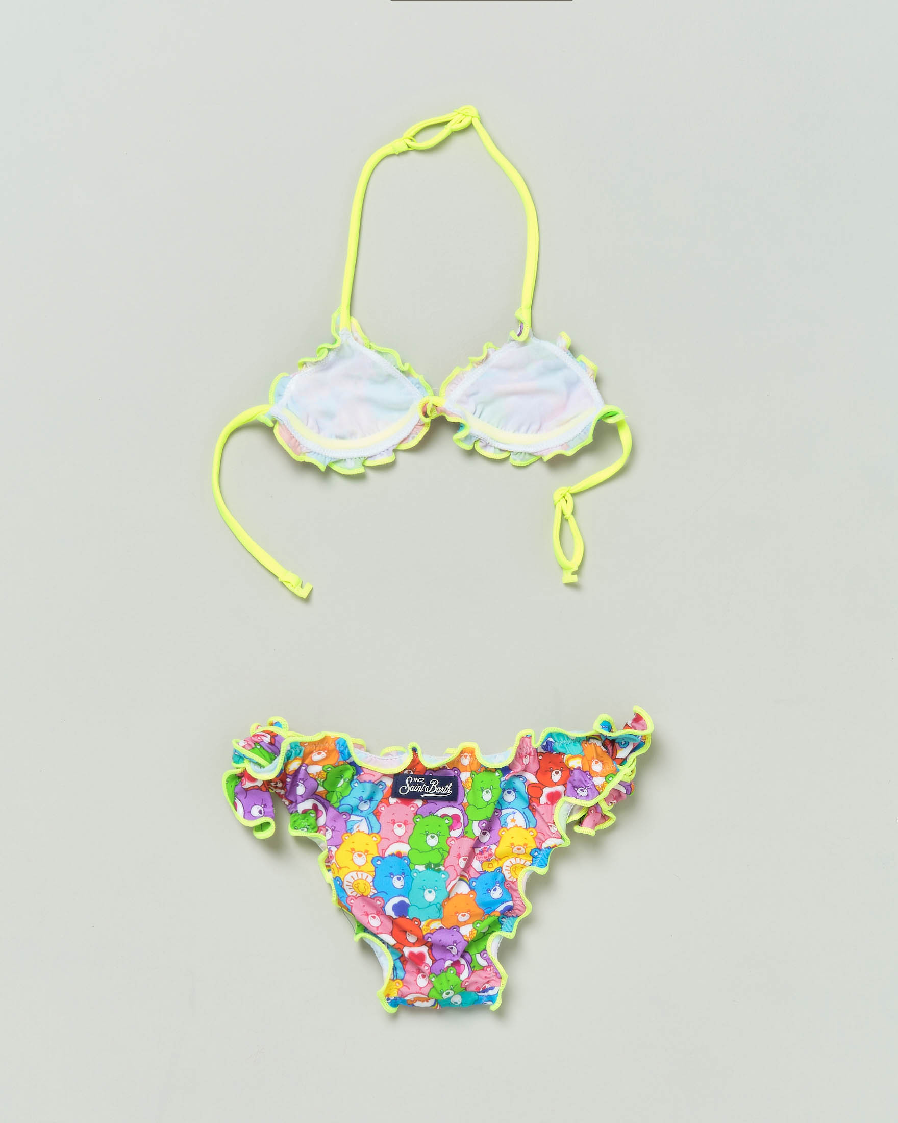 Bikini mare a triangolo con stampa orsetti multicolor e laccio giallo fluo 