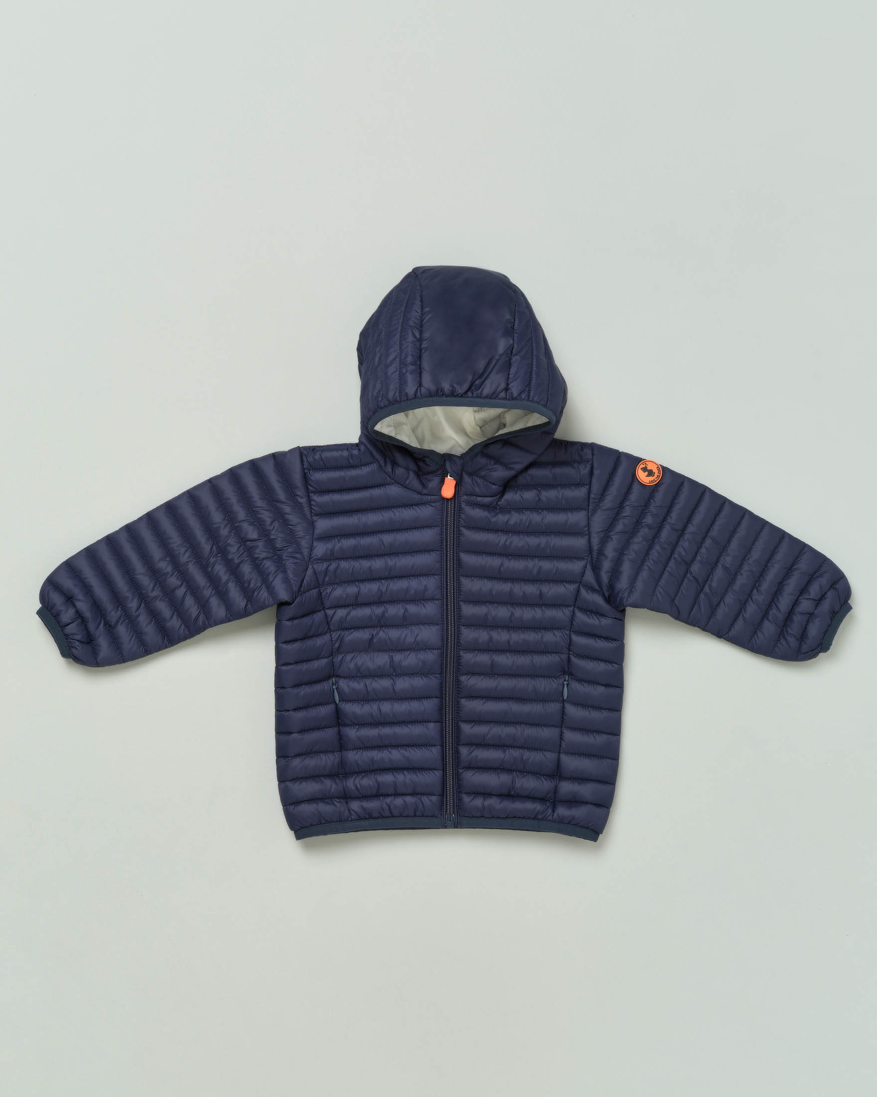 Piumino blu in nylon opaco imbottito in Plumtech® con cappuccio