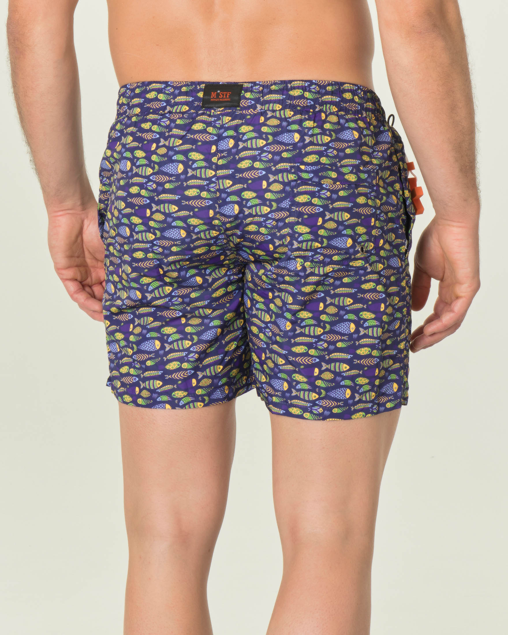 Boxer mare blu con stampa grafica pesciolini gialli e verdi