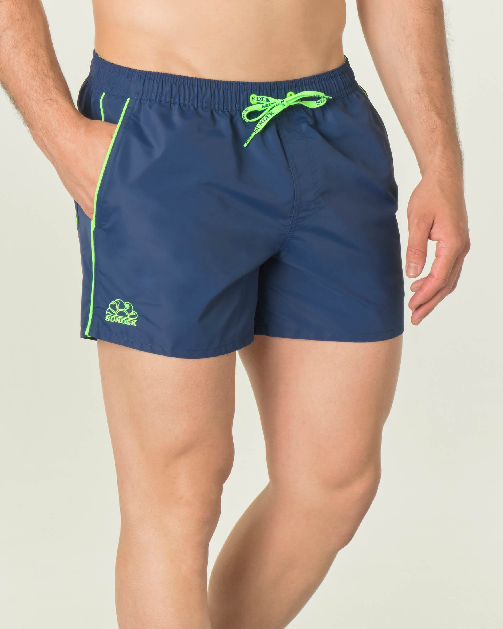 Boxer mare corto blu navy con piping verde fluo