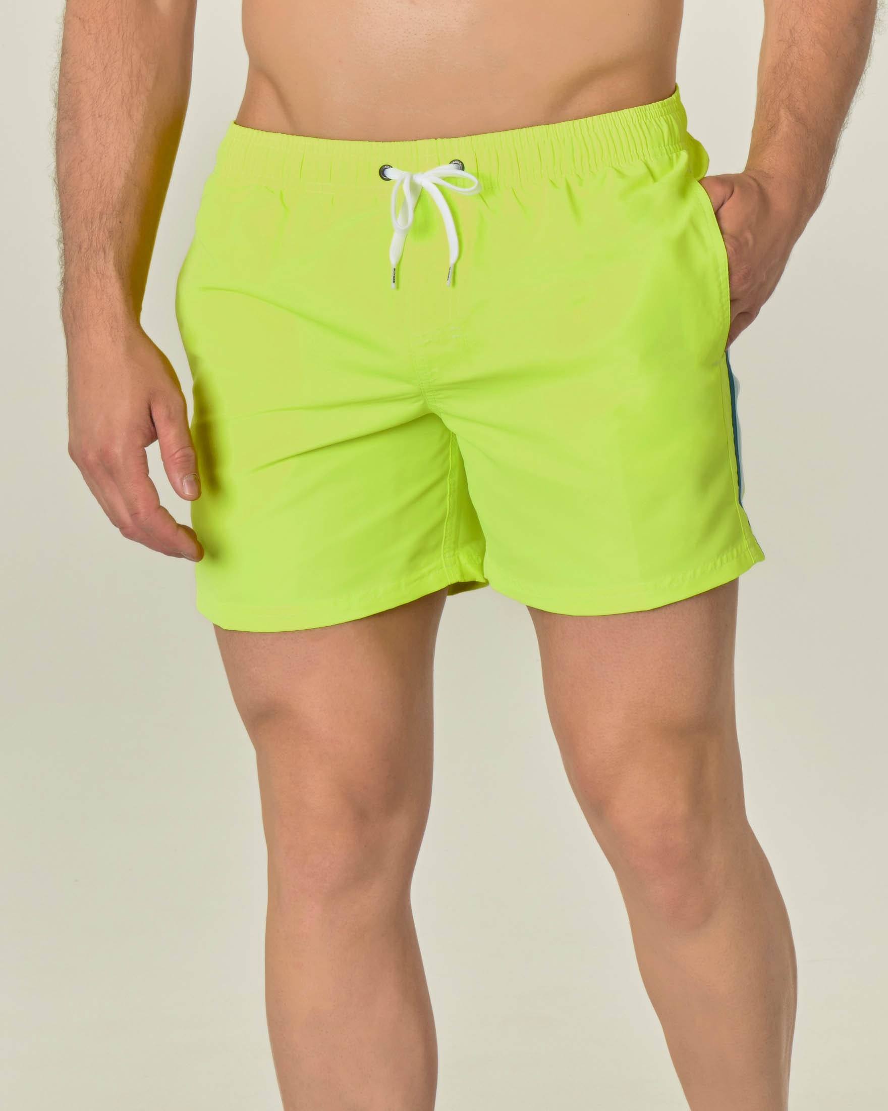 Boxer mare corto giallo fluo con arcobaleno ottanio verde acqua e bianco