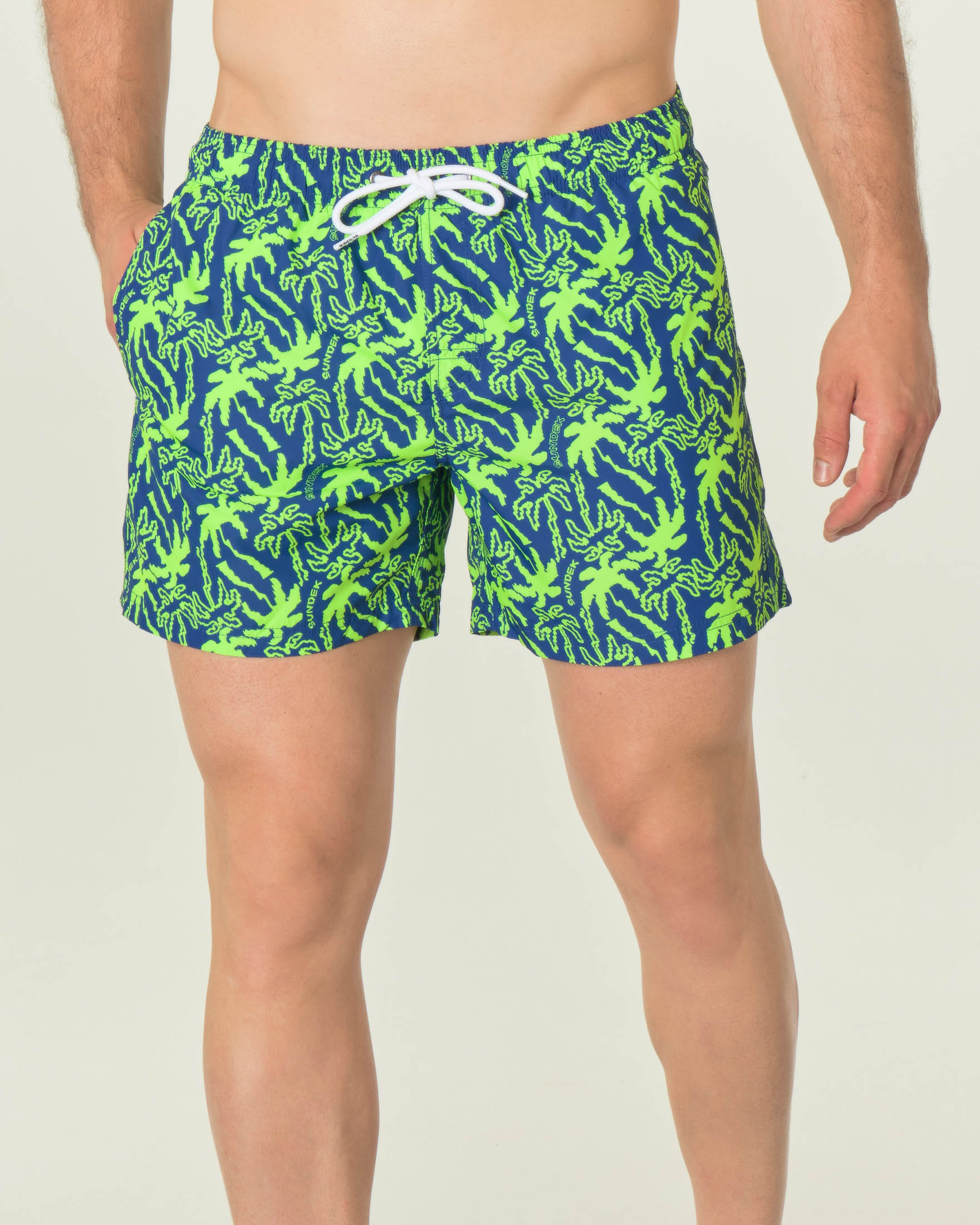 Boxer mare blu indaco con fantasia palme stilizzate verde fluo e coulisse in vita