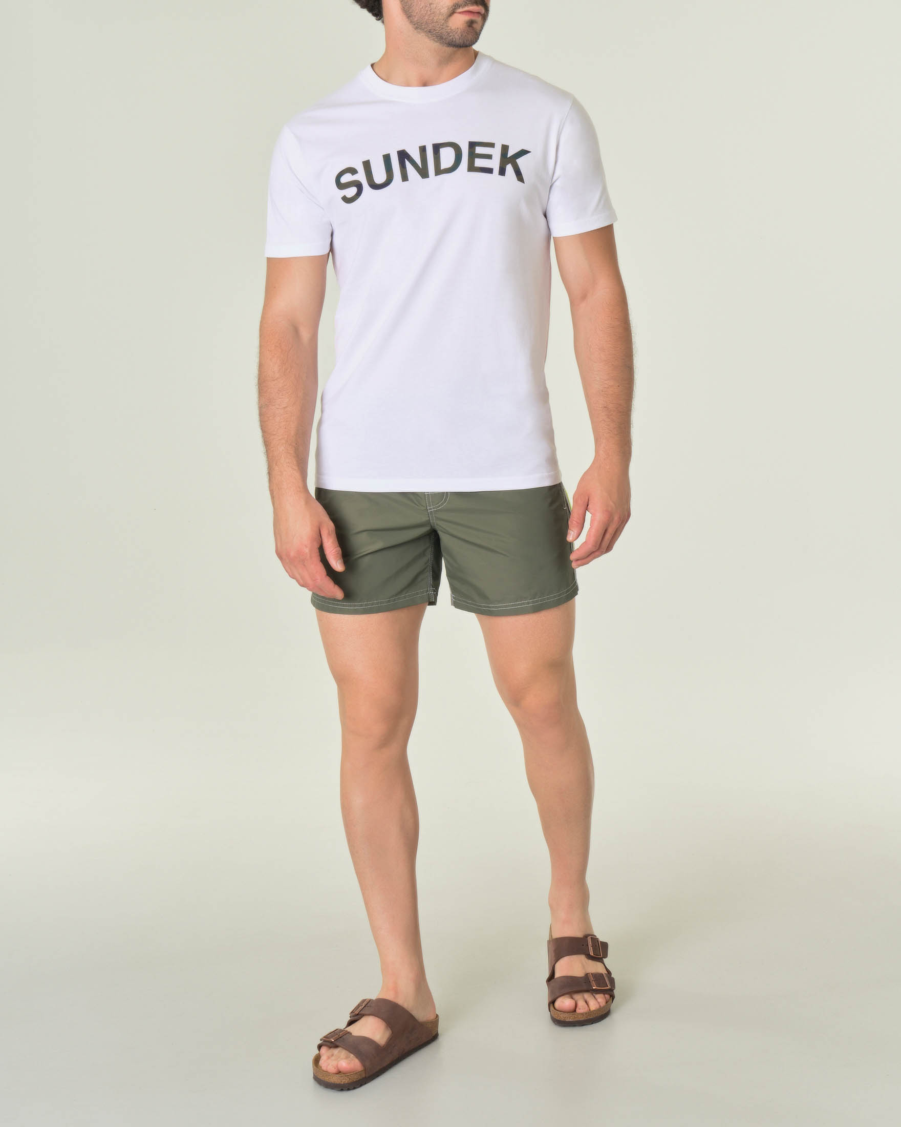 T-shirt bianca mezza manica con logo scritta camouflage