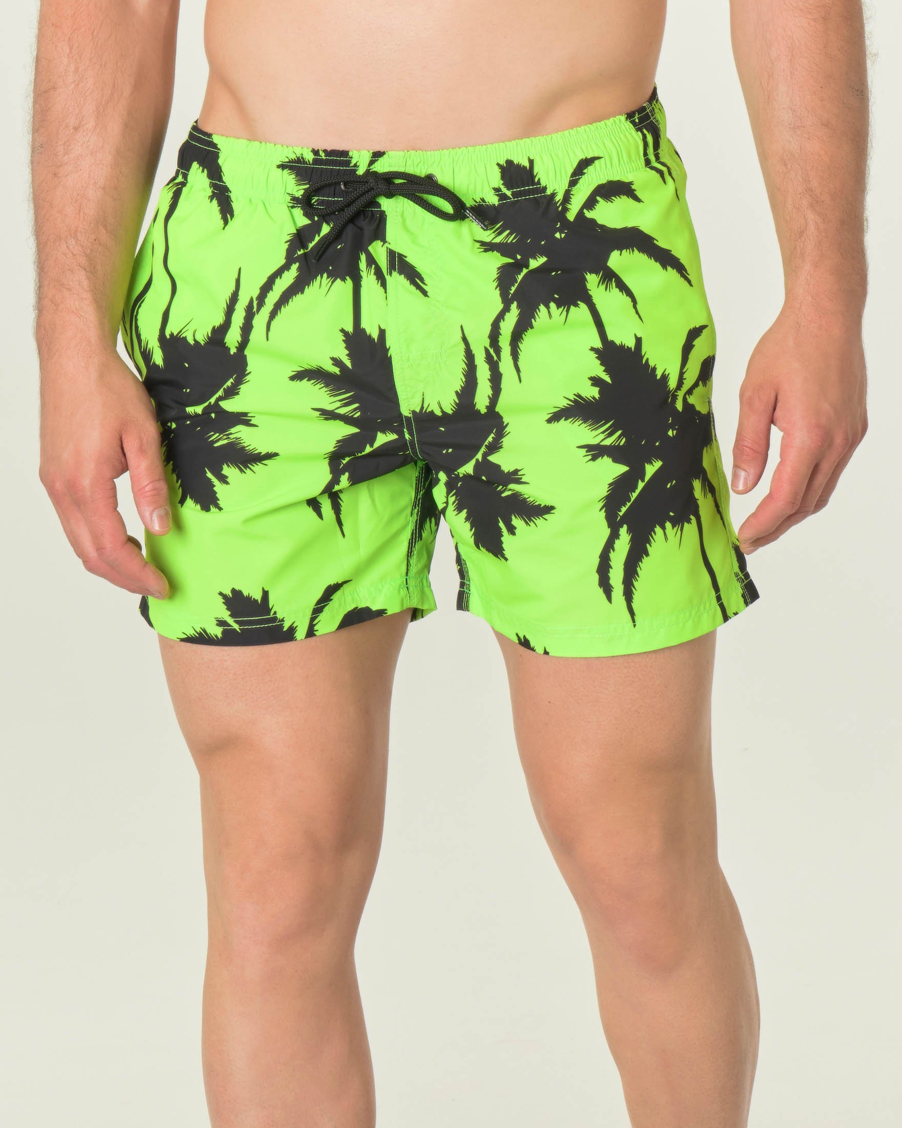 Boxer mare verde fluo con fantasia palme nere e coulisse in vita