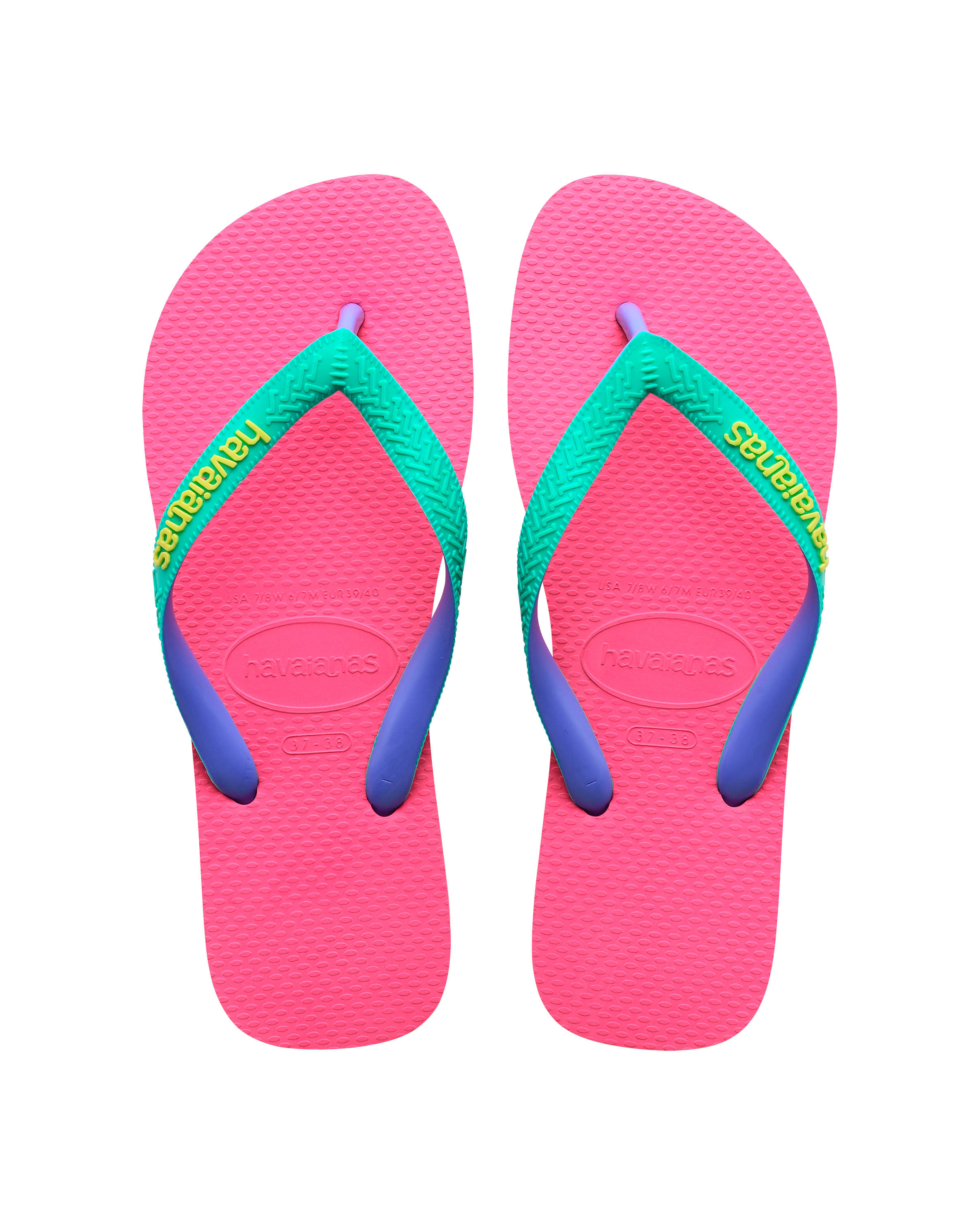 Top Mix fucsia con fascetta verde acqua e viola e logo giallo