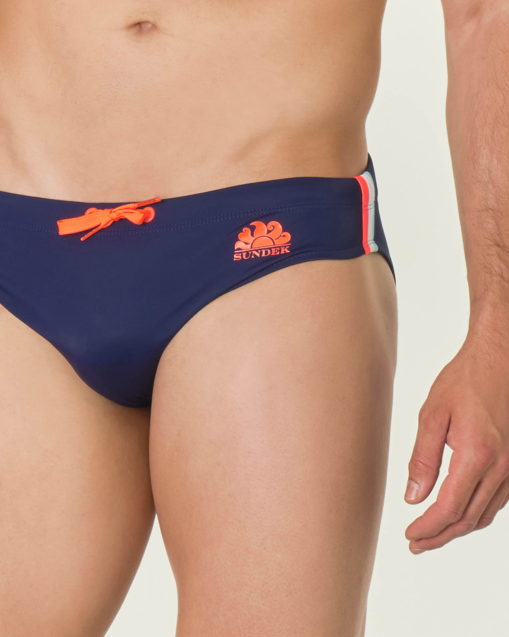 Costume slip Sundek blu in tessuto tecnico stretch con logo sole arancione image