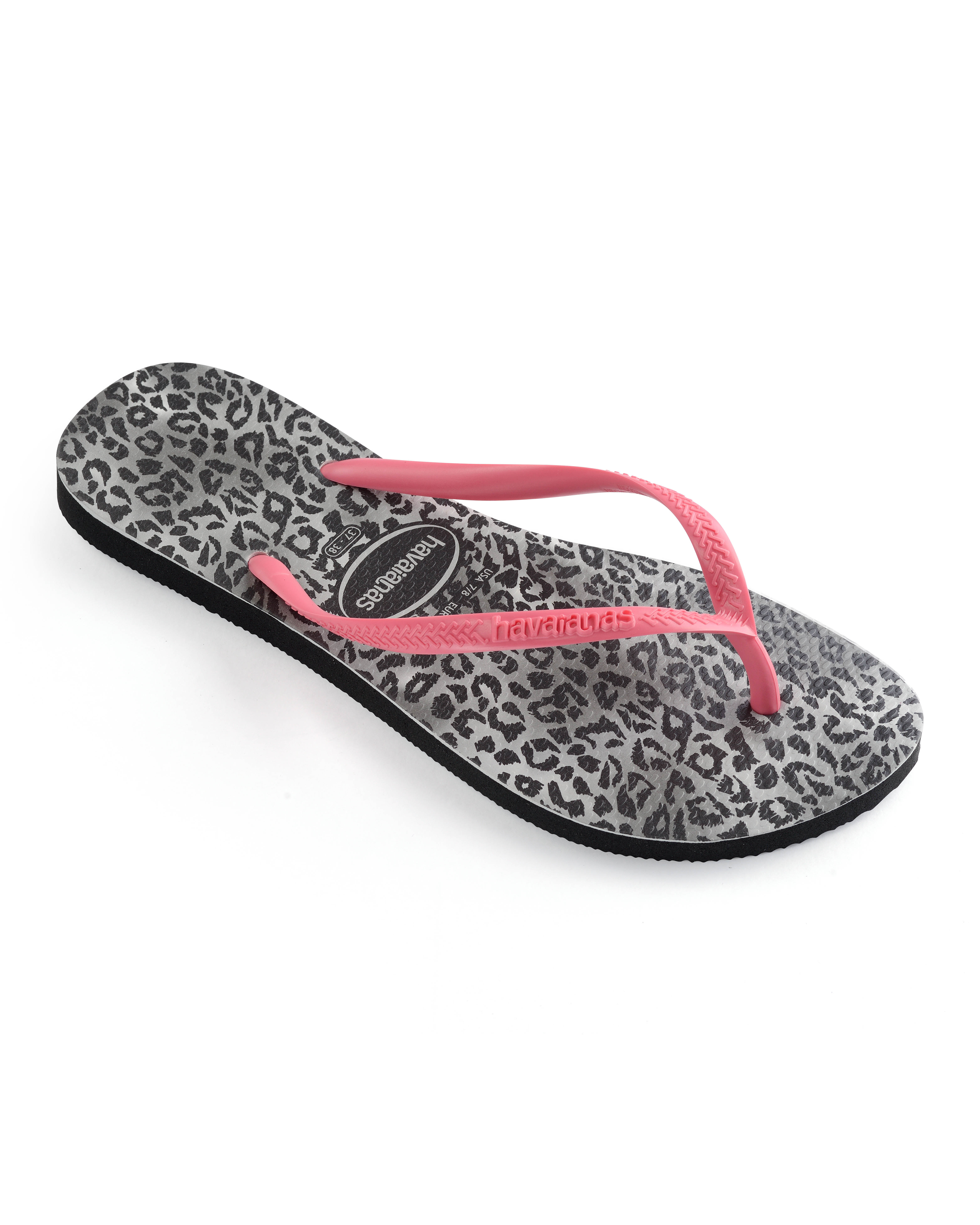 Havaianas Slim Leopard con stampa animaler grigia e nera e fascetta rosa 