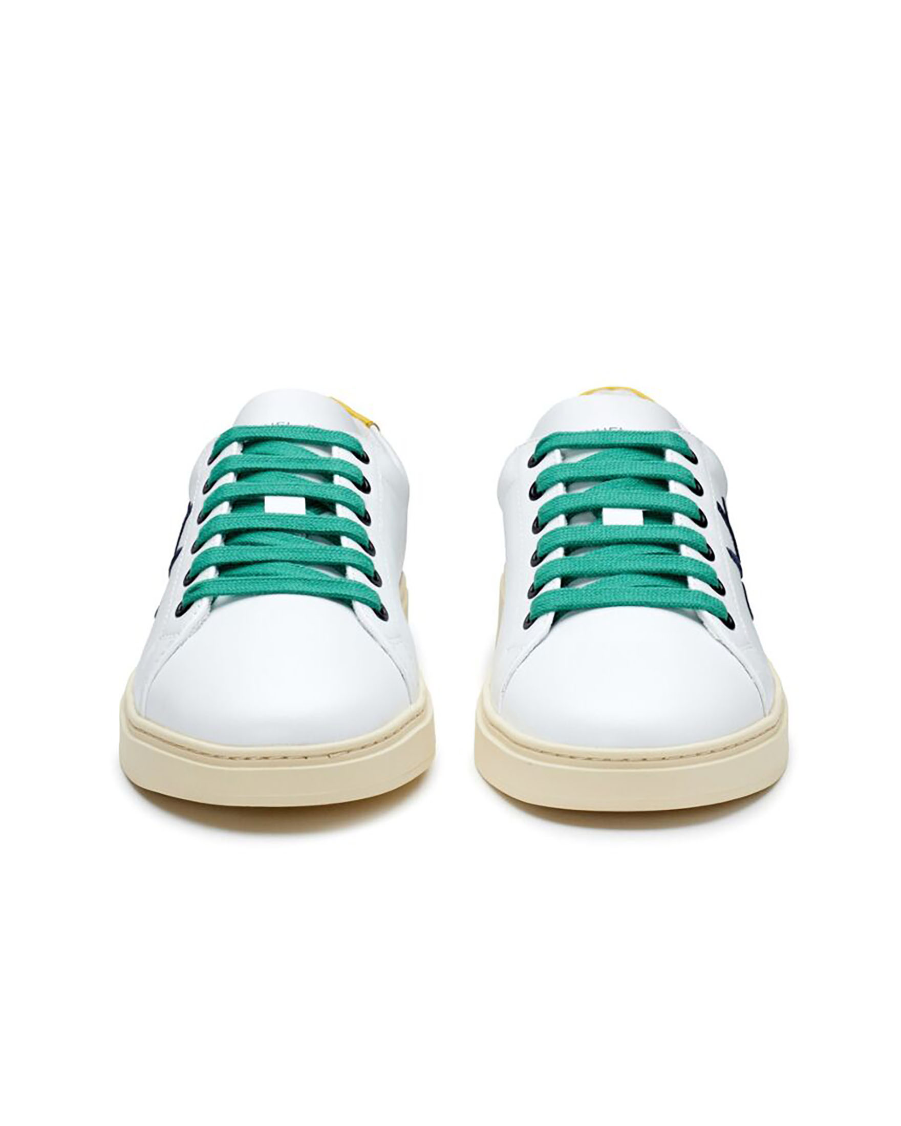 Sneakers bianche in pelle con logo asterisco blu stringhe verdi e