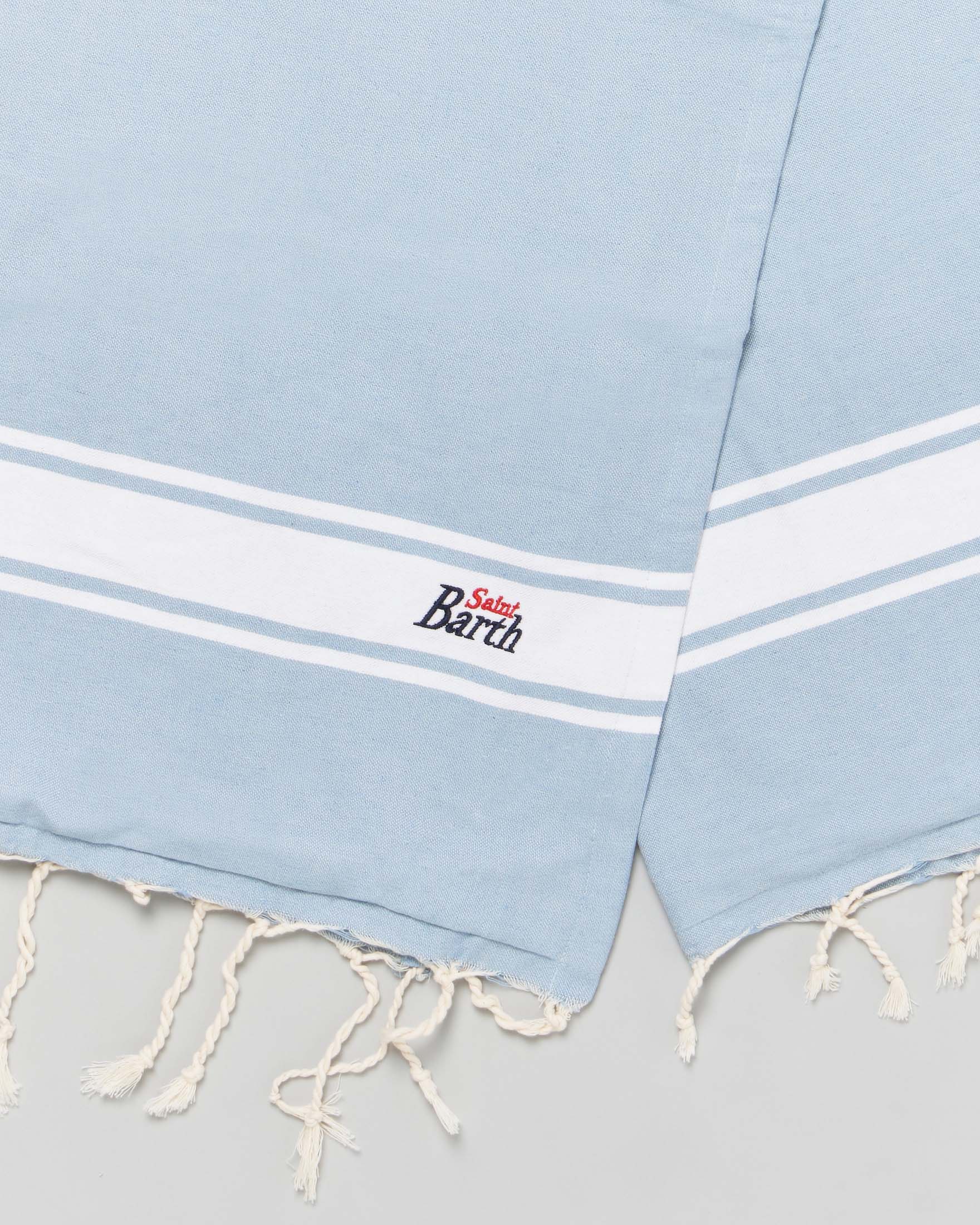 Telo mare MC2 Saint Barth in cotone color azzurro con riga al fondo bianca, frange e logo ricamato image