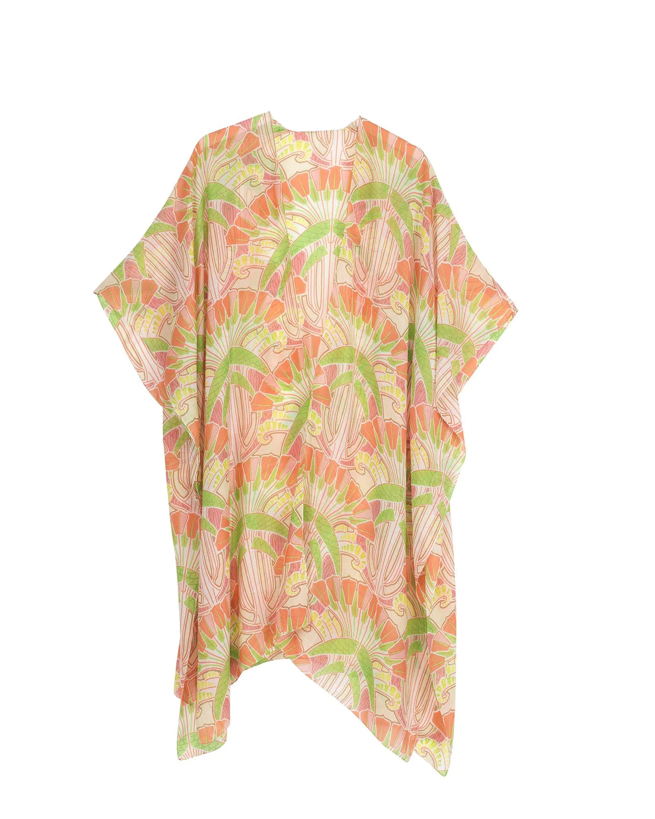 Kimono media lunghezza giallo verde e rosa a fantasia fiori di ispirazione art déco con spacchi laterali