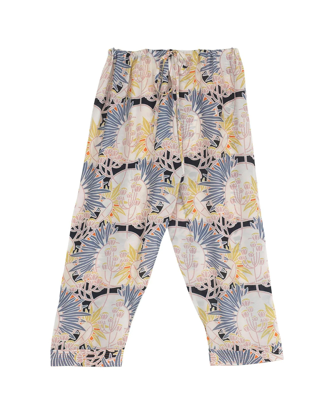 Pantalone ampio avorio azzurro e giallo alla caviglia in crêpe di misto cupro e modal a fantasia floreale di ispirazione art déco