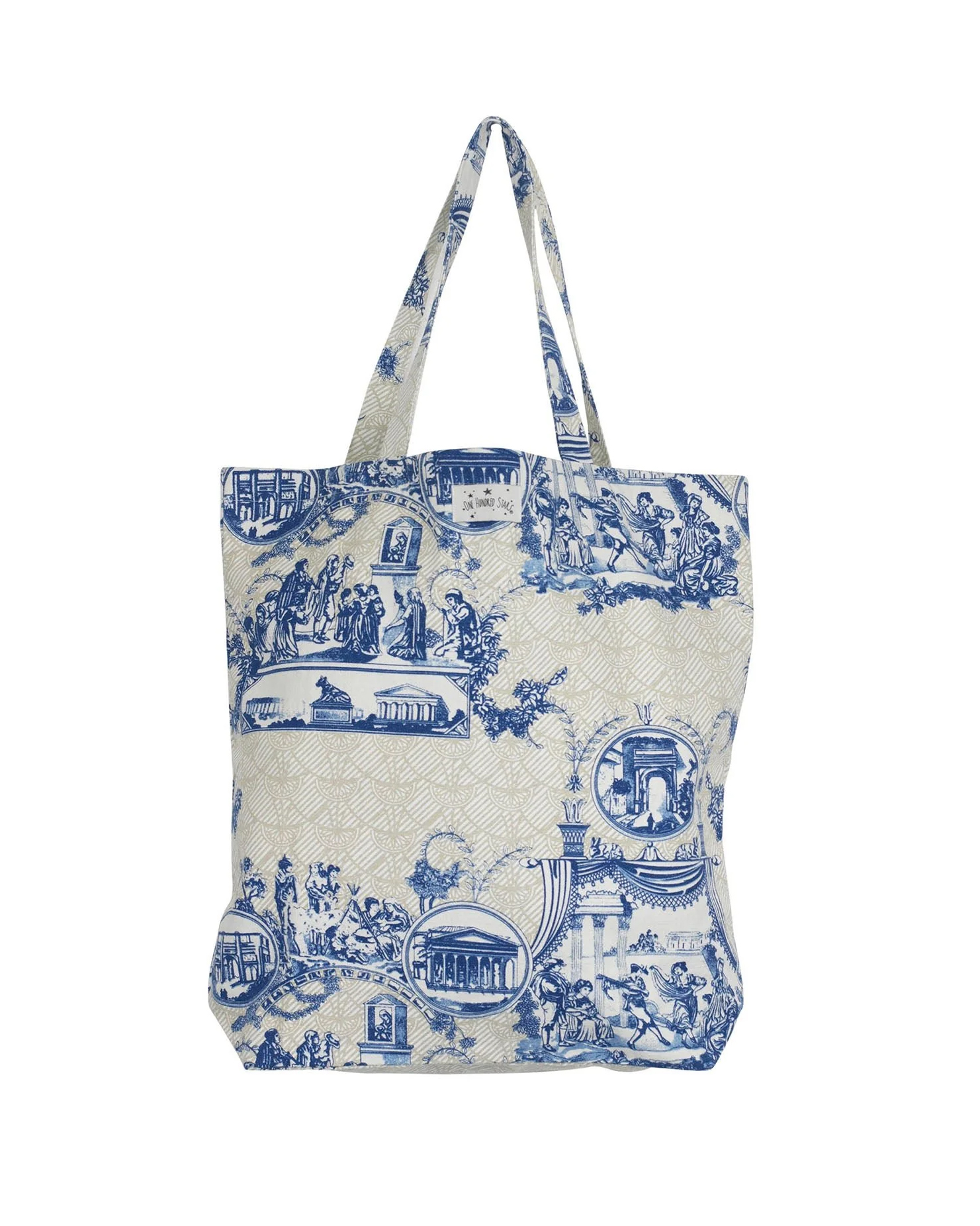 Shopping bag avorio in tela di puro cotone a fantasia blu China di ispirazione scene di antica architettura romana e greca
