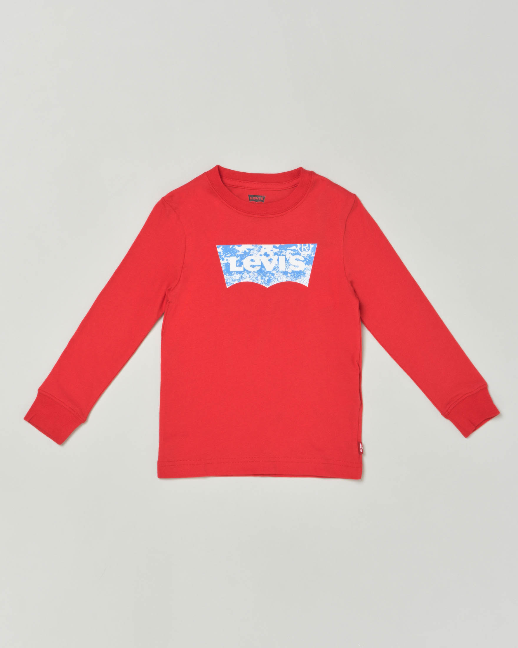 T-shirt rossa manica lunga in cotone con logo batwing in grafica sky 3-8 anni