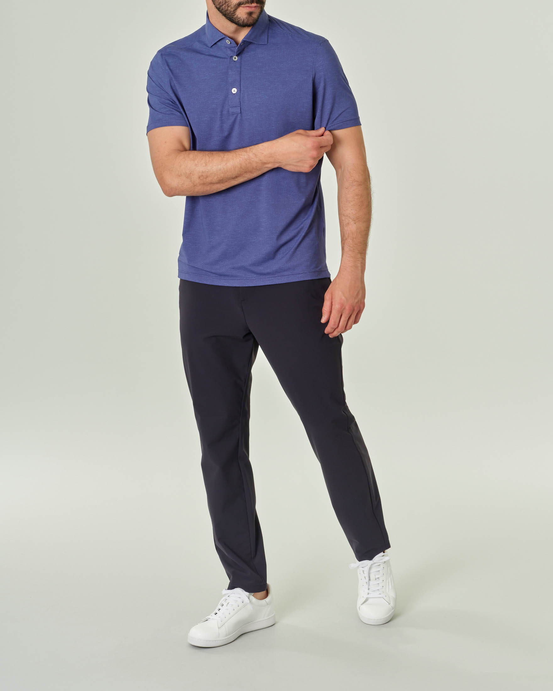 Polo blu indaco effetto melange mezza manica in tessuto tecnico hyper comfort