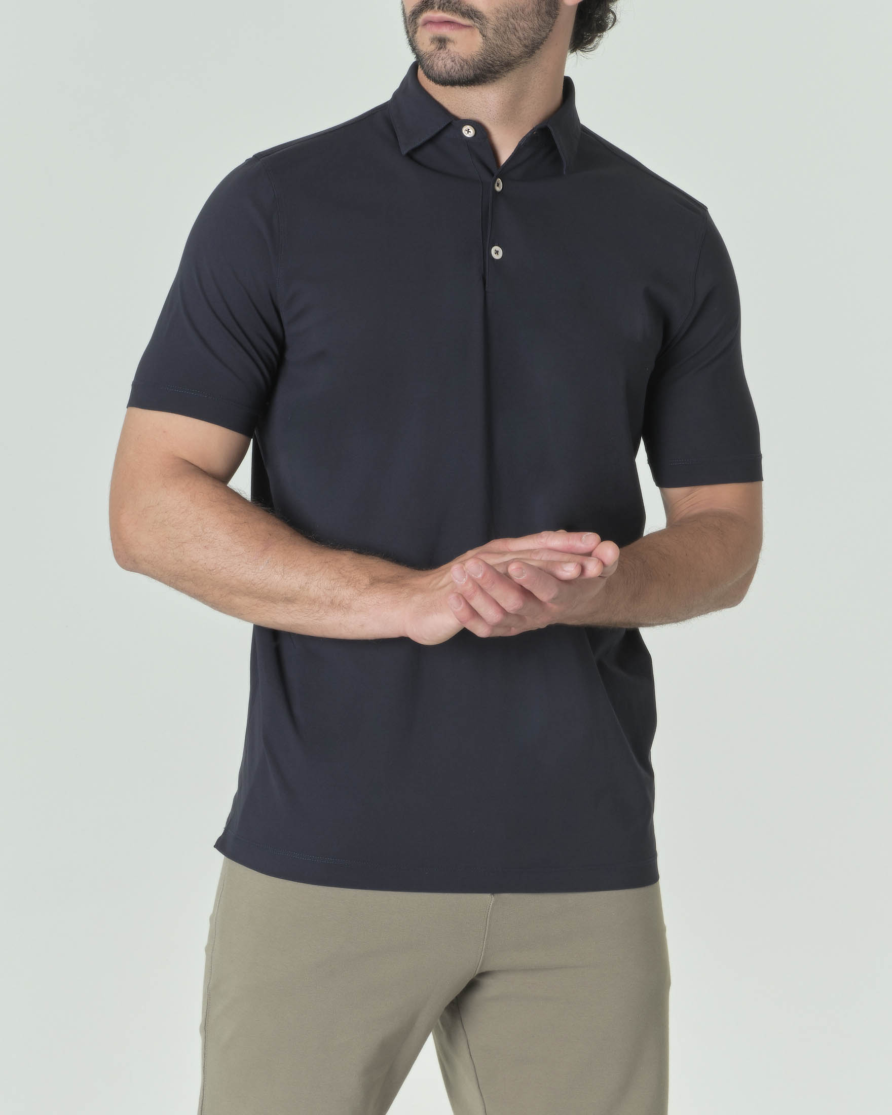 Polo blu navy mezza manica in crêpe di puro cotone a tinta unita