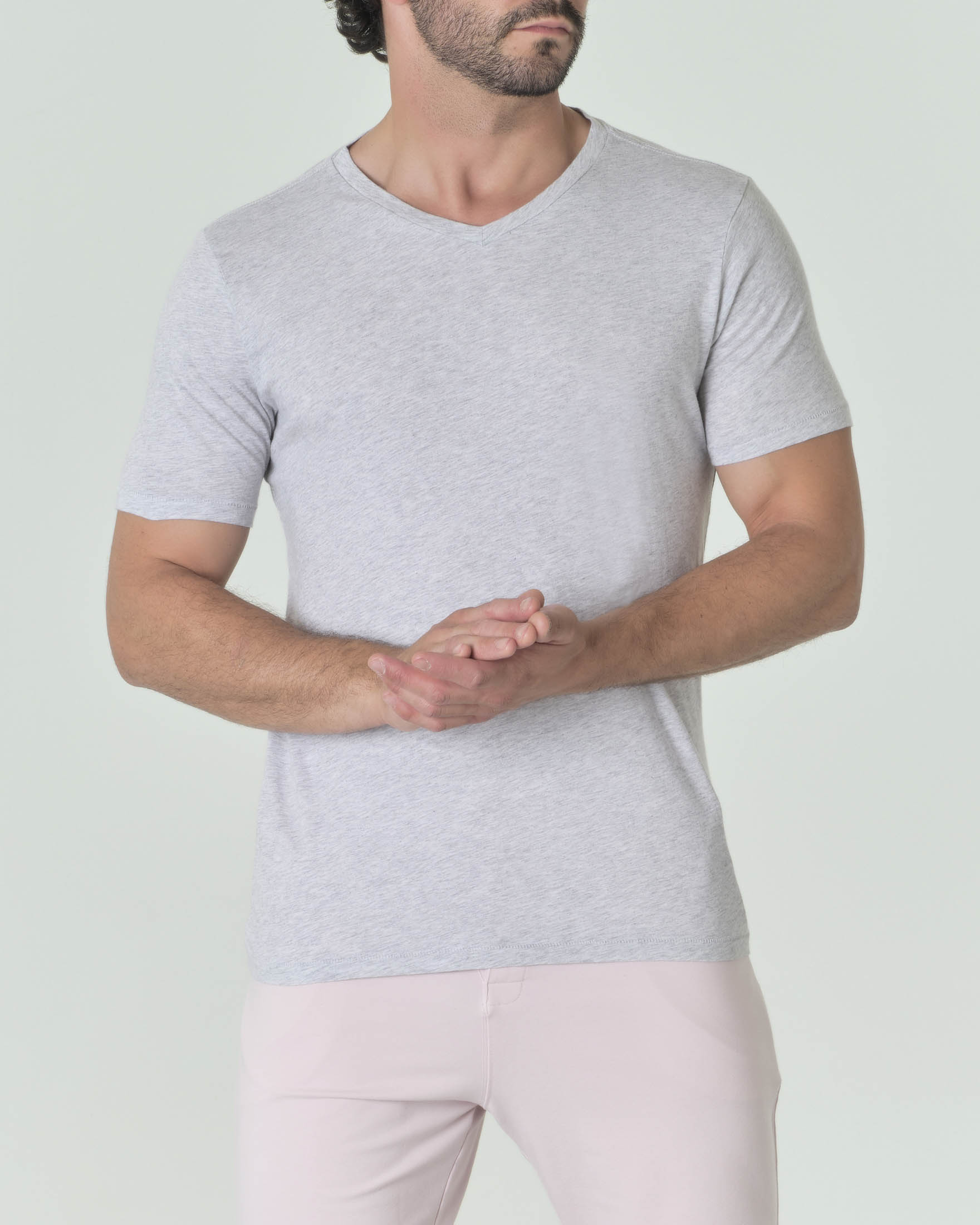 T-shirt grigio melange a mezza manica in misto lino e pima cotton con scollo a V