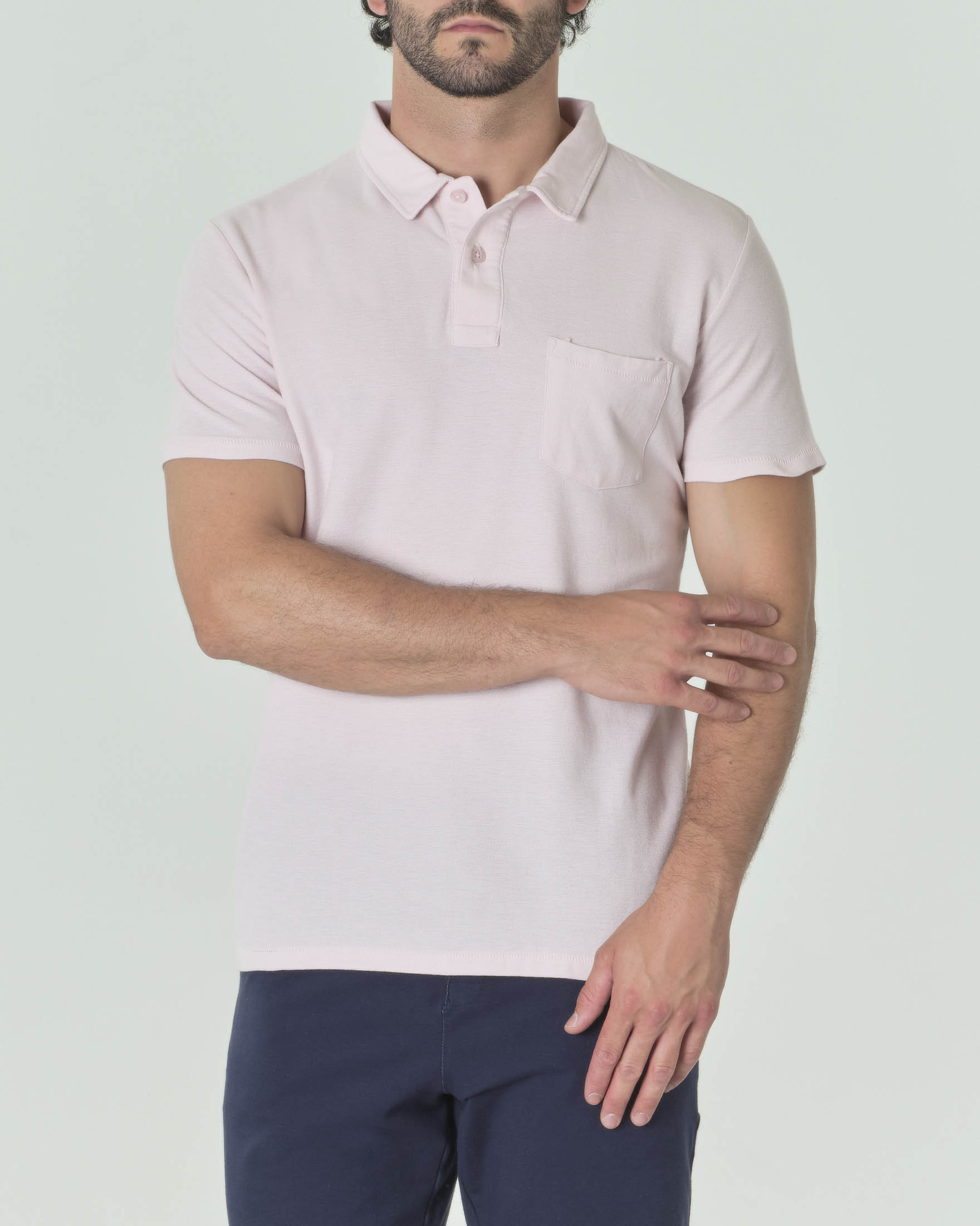 Polo rosa a mezza manica in misto lino e pima cotton con taschino sul petto