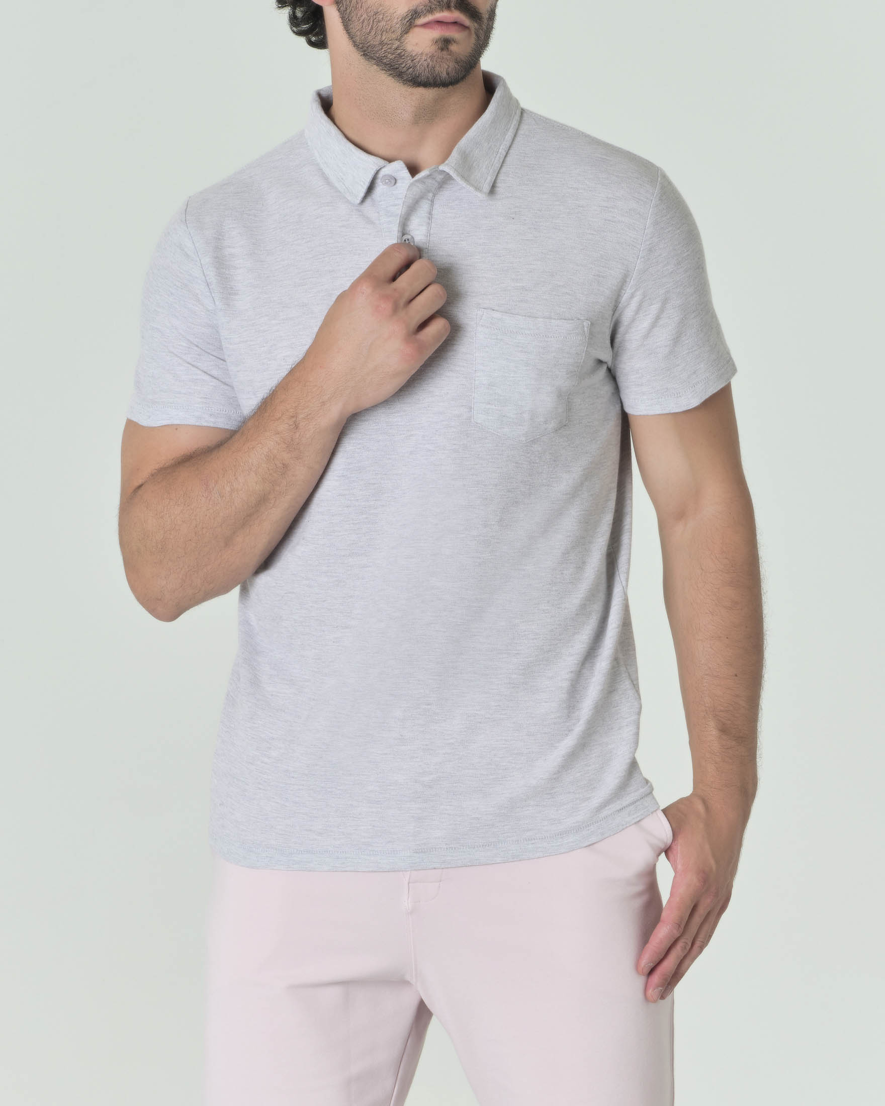 Polo grigio melange a mezza manica in misto lino e pima cotton con taschino sul petto