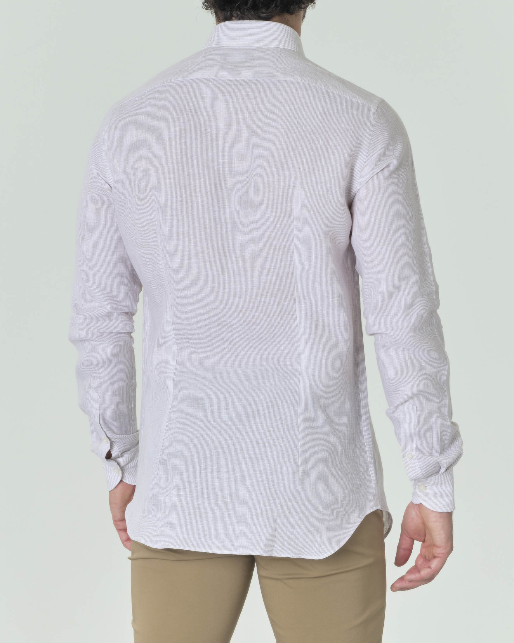 Camicia bastoncino bianca e beige in puro lino con colletto alla francese