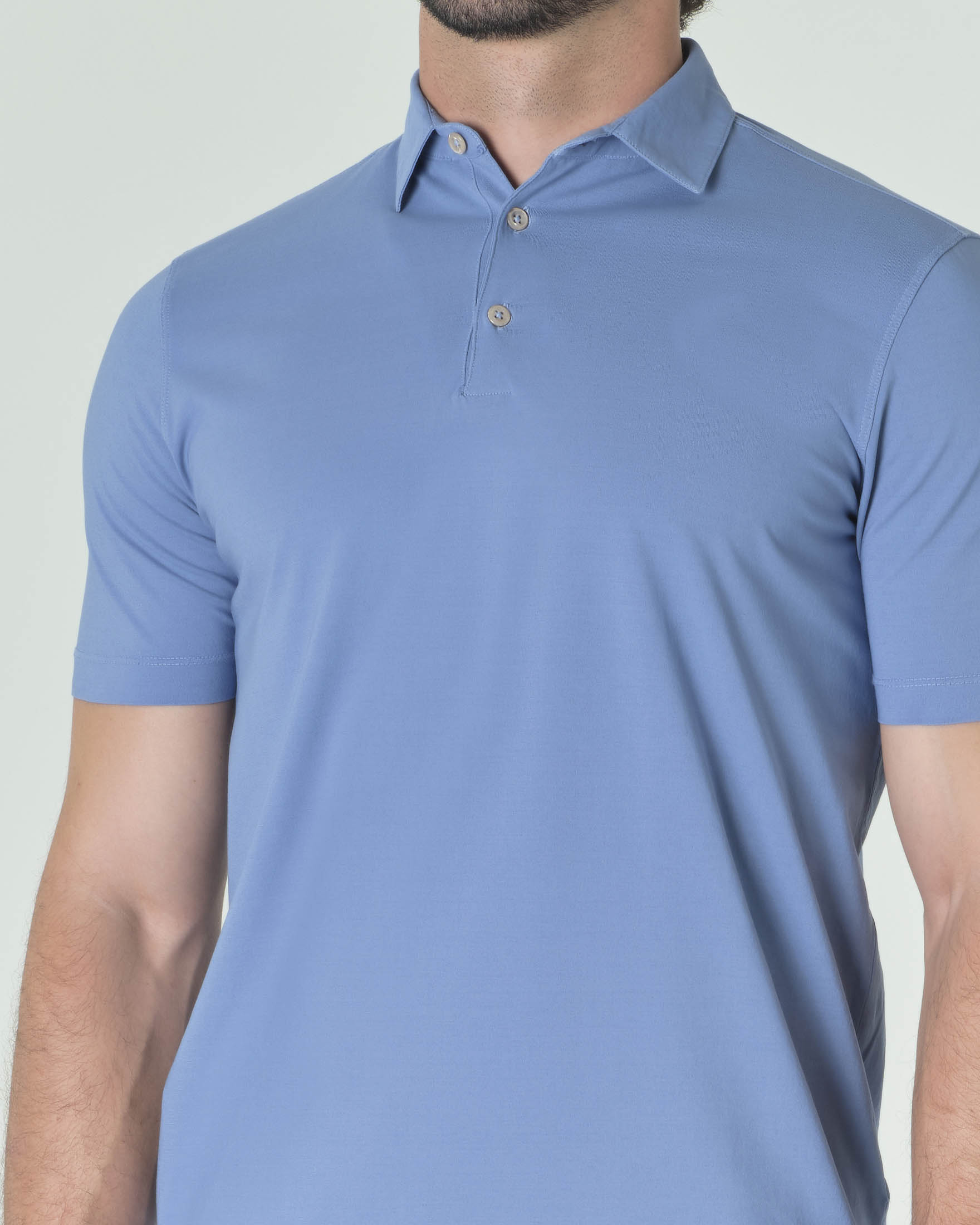 Polo color avio mezza manica in crêpe di puro cotone a tinta unita image