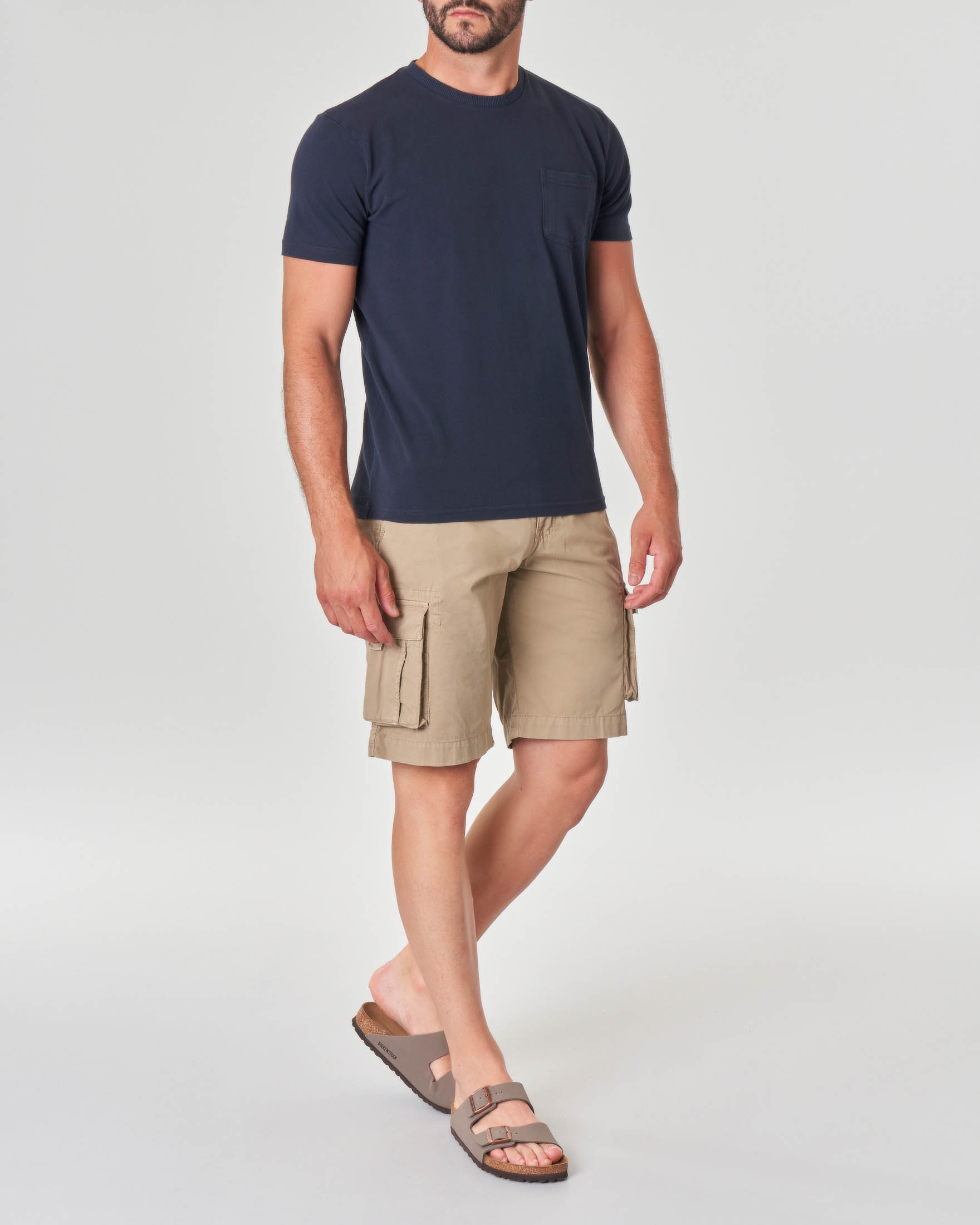 T-shirt blu mezza manica in piquè di cotone con taschino applicato sul petto