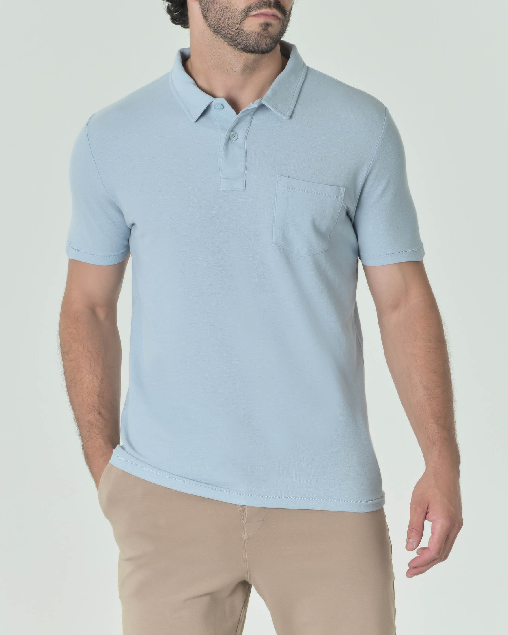 Polo azzurra mezza manica in misto lino e pima cotton con taschino sul petto