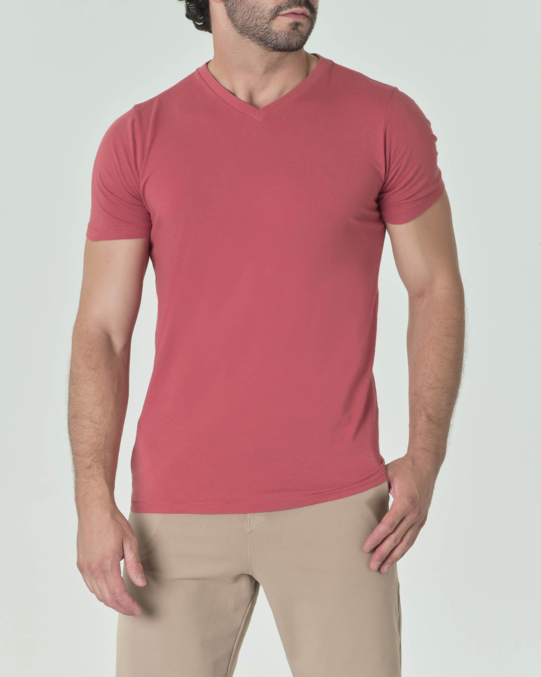 T-shirt color fragola a mezza manica in misto lino e pima cotton con ...