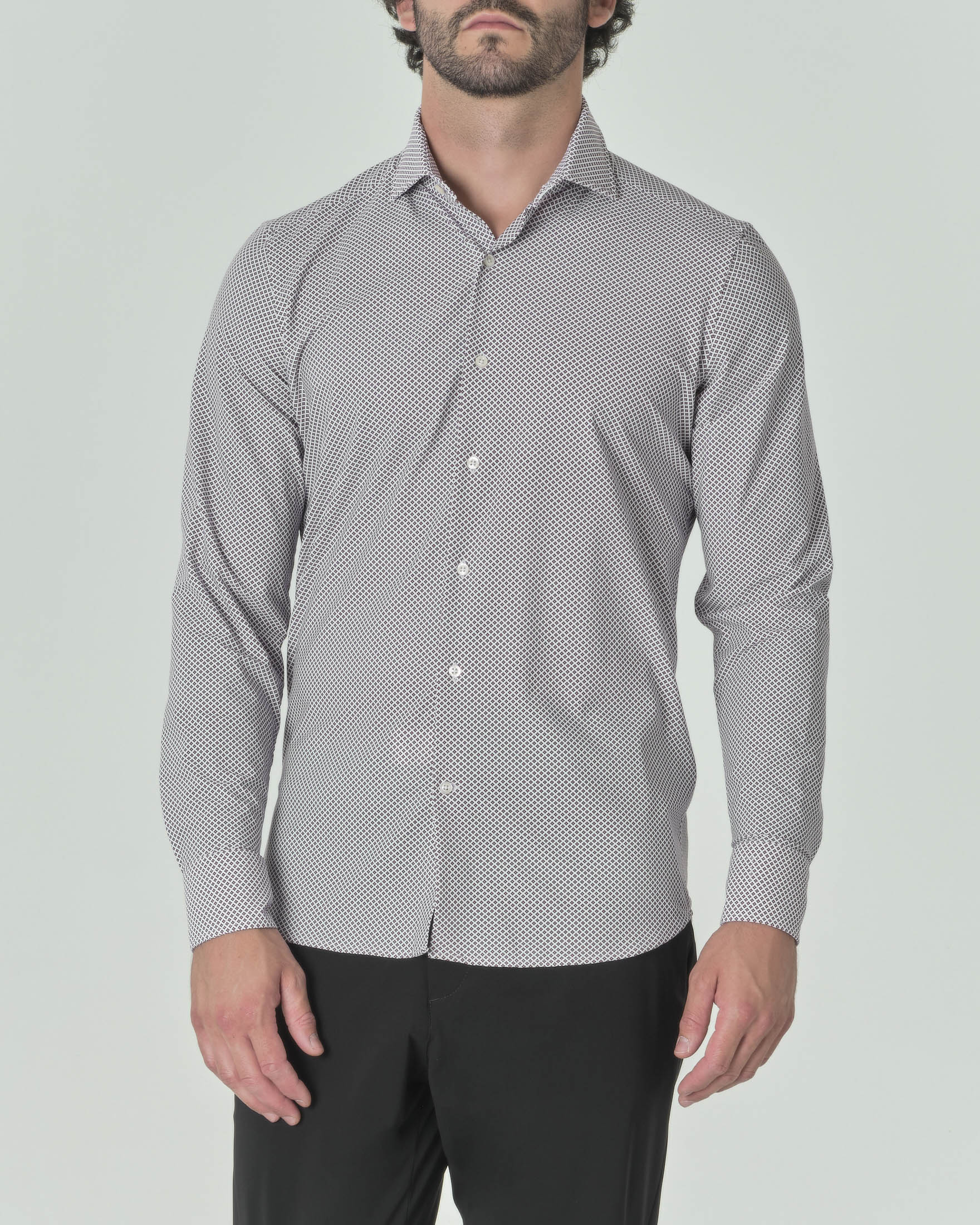 Camicia marrone in tessuto tecnico hyper comfort con microfantasia a rombi