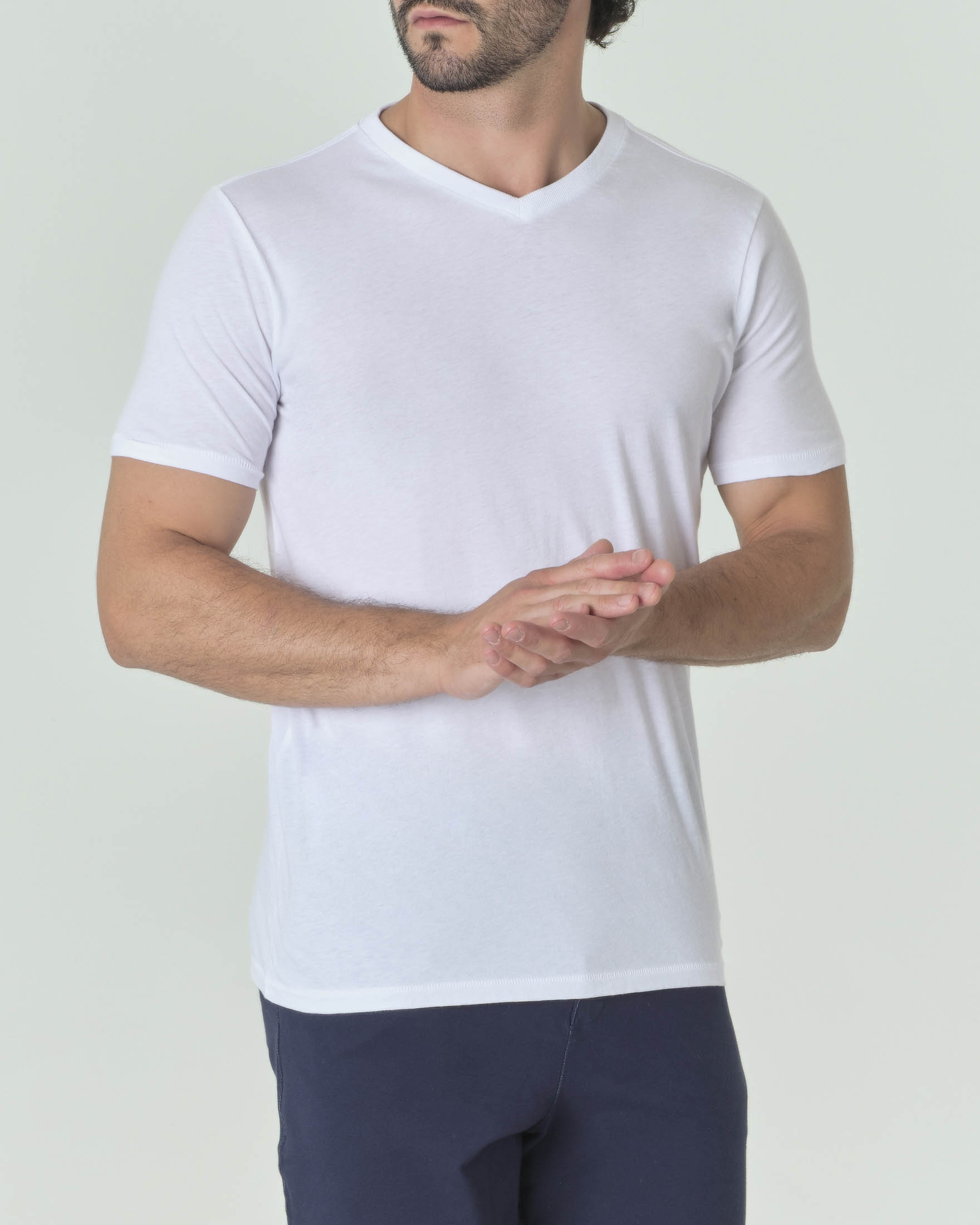 T-shirt bianca a mezza manica in misto lino e pima cotton con scollo a V