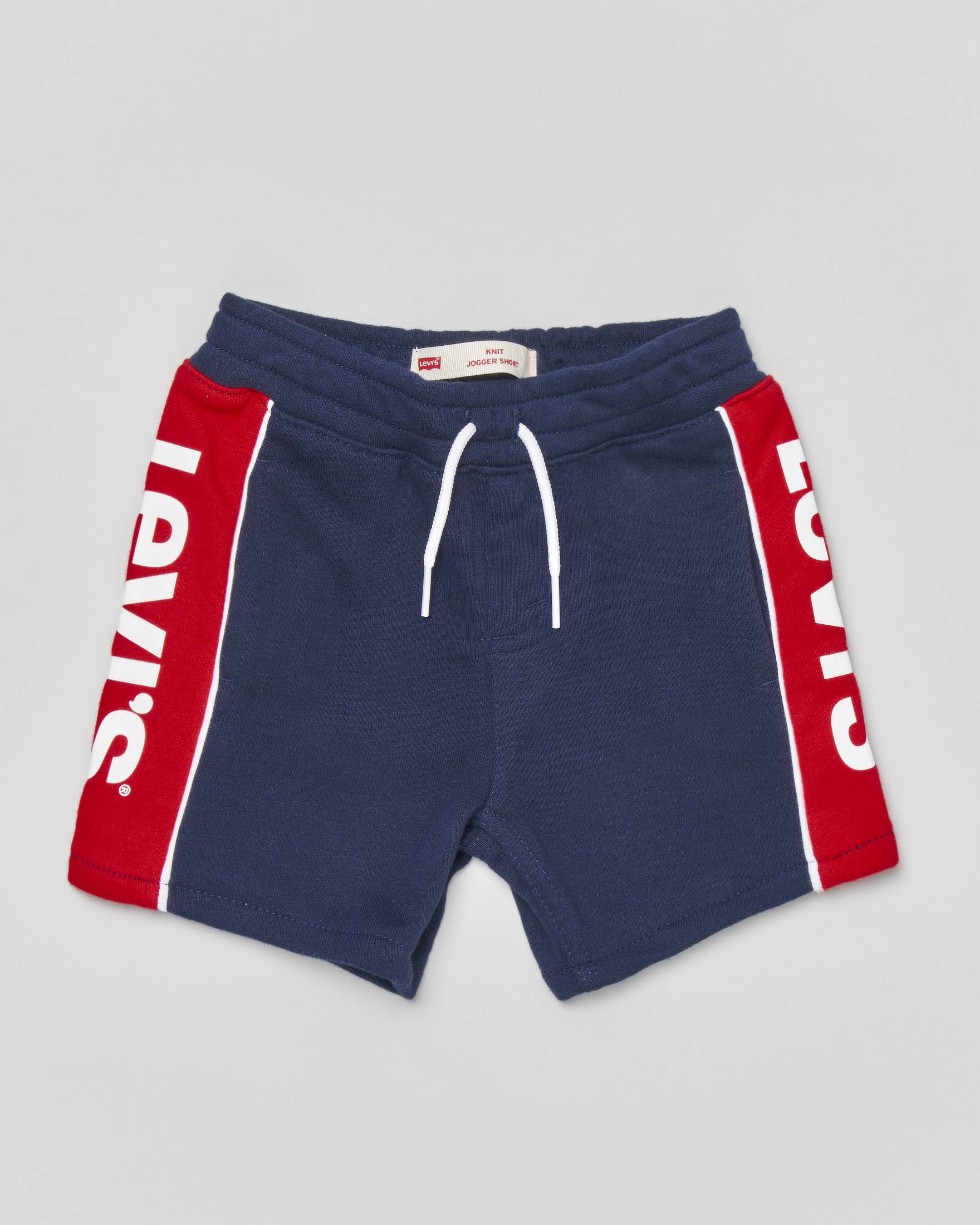 Bermuda blu in felpa di cotone con bande rosse laterali porta logo 9-36 mesi