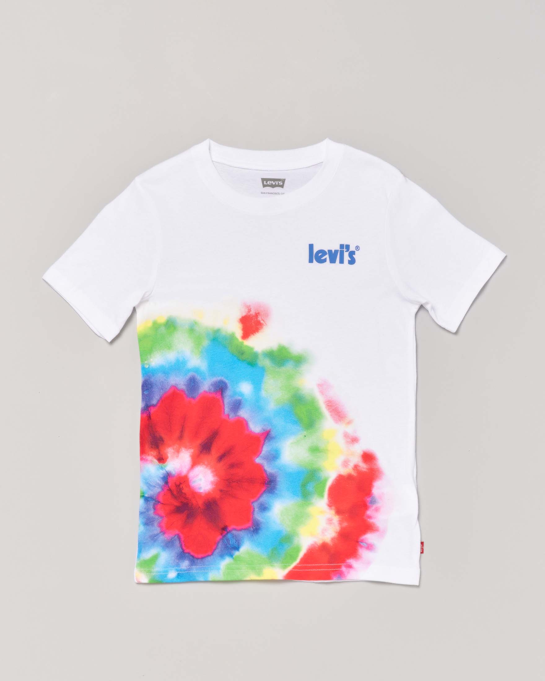 T-shirt bianca mezza manica con stampa tie-dye multicolor e logo azzurro sul petto 10-16 anni
