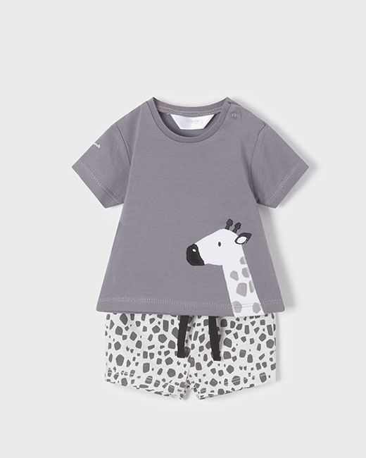 Completo composto da t-shirt con giraffa e bermuda animalier bianco e nero 4-12 mesi