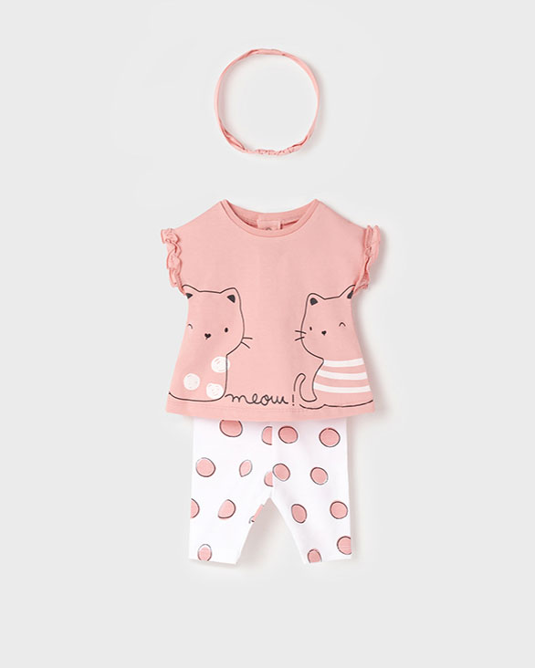 Completo composto da t-shirt rosa con stampa gattini e leggins bianchi con bolli e fascetta rosa abbinata 4-12 mesi
