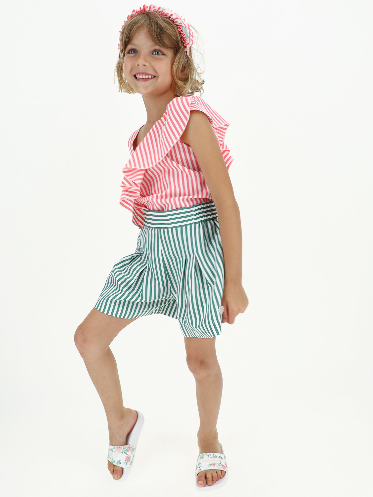 Short a righe bianche e verdi in viscosa 4-10 anni image