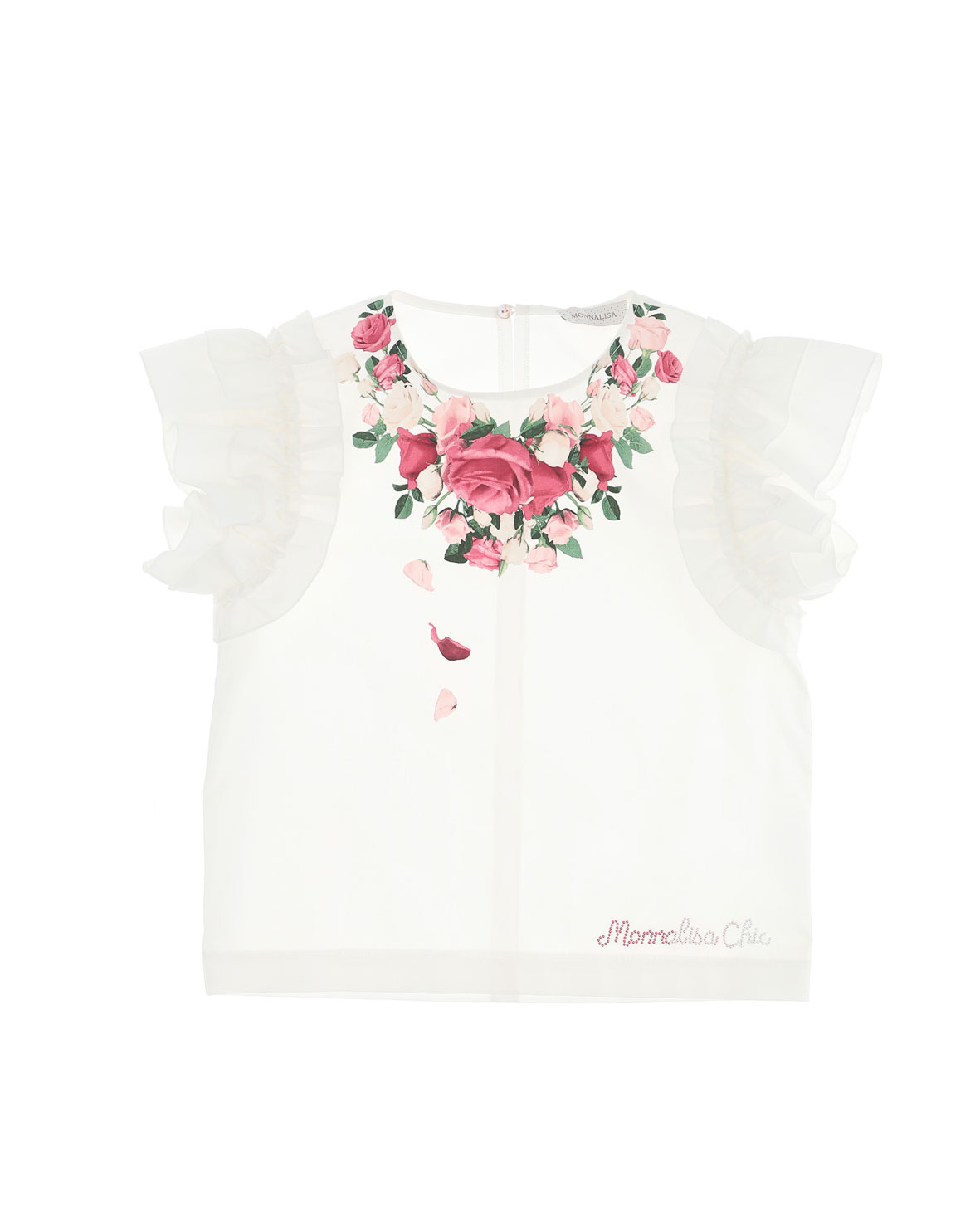 T-shirt panna girocollo in cotone con stampa a rose effetto collana e  maniche ad aletta in rouches 8-12 anni