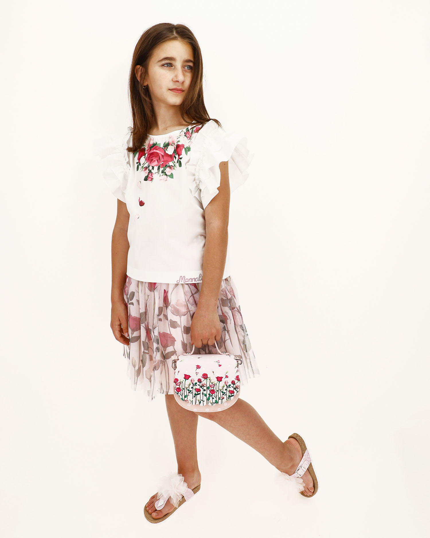 T-shirt panna girocollo in cotone con stampa a rose effetto collana e maniche ad aletta in rouches 8-12 anni