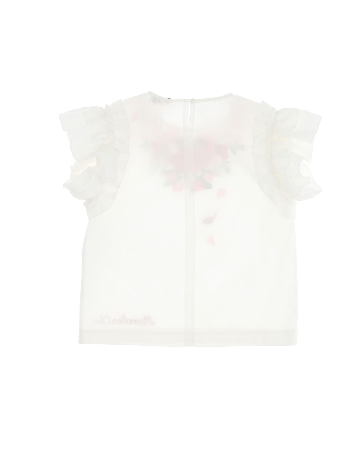 T-shirt panna girocollo in cotone con stampa a rose effetto collana e maniche ad aletta in rouches 8-12 anni